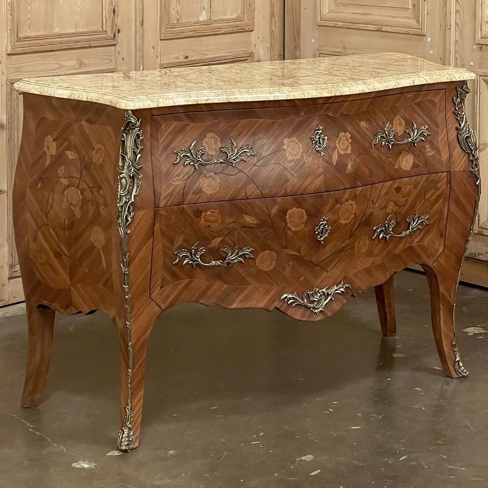Antique French Louis XV Marquetry Marble Top Commode In Good Condition For Sale In Dallas, TX