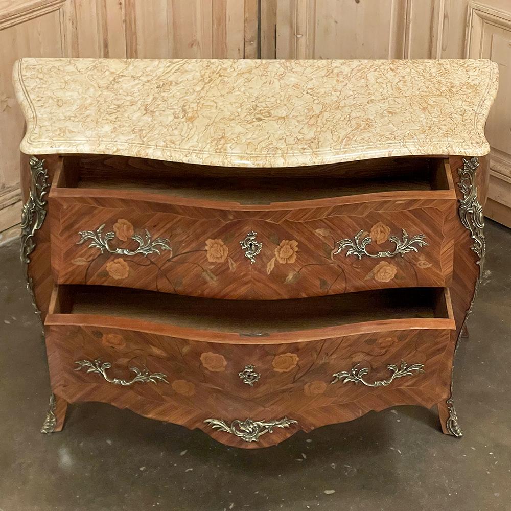20th Century Antique French Louis XV Marquetry Marble Top Commode For Sale