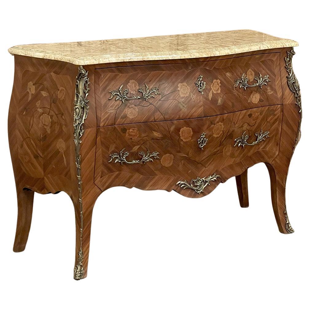 Antique French Louis XV Marquetry Marble Top Commode For Sale
