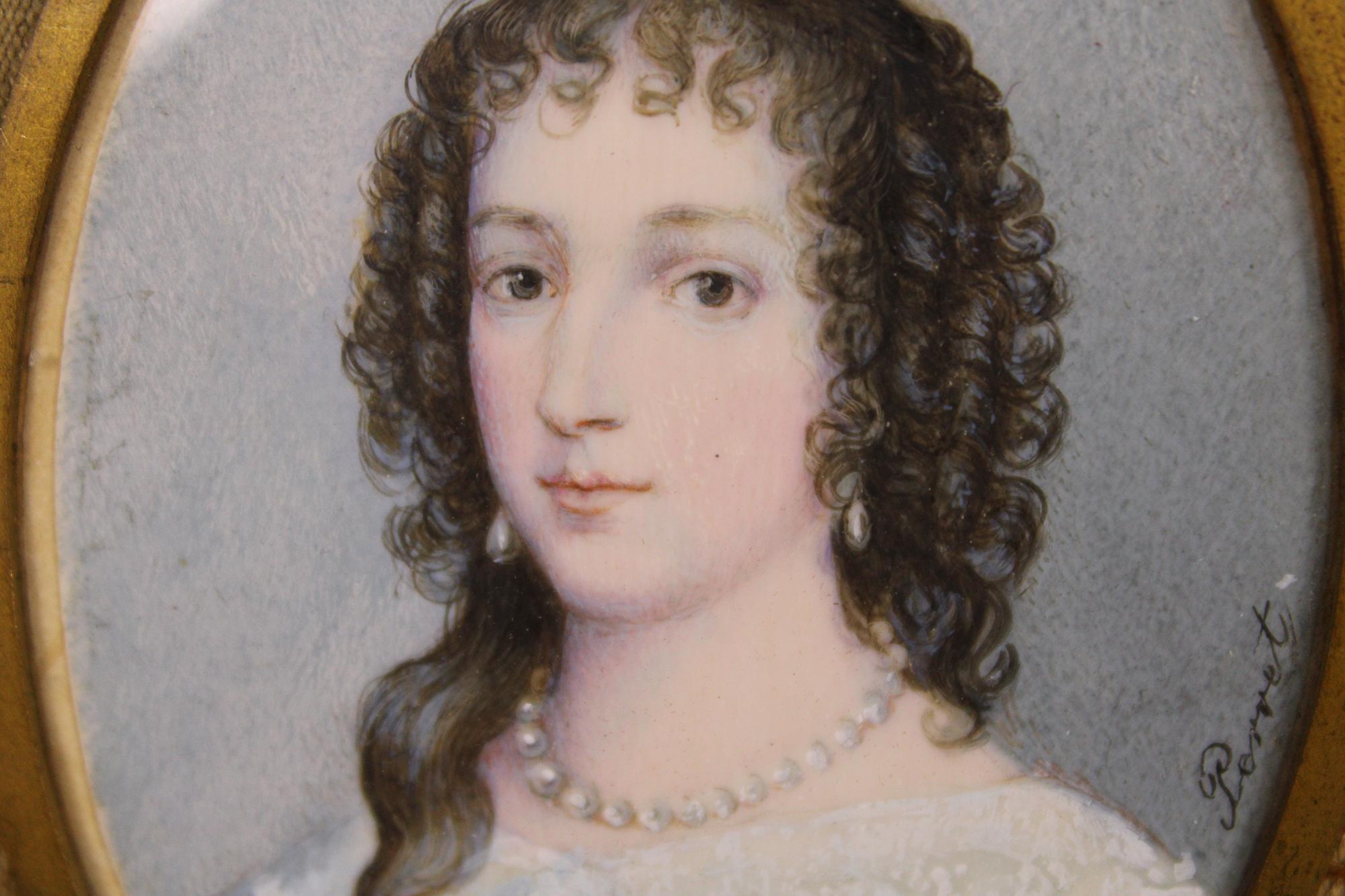 Antique Queen Henrietta Maria Miniature Cameo Portrait Painting by Aime Perret 1