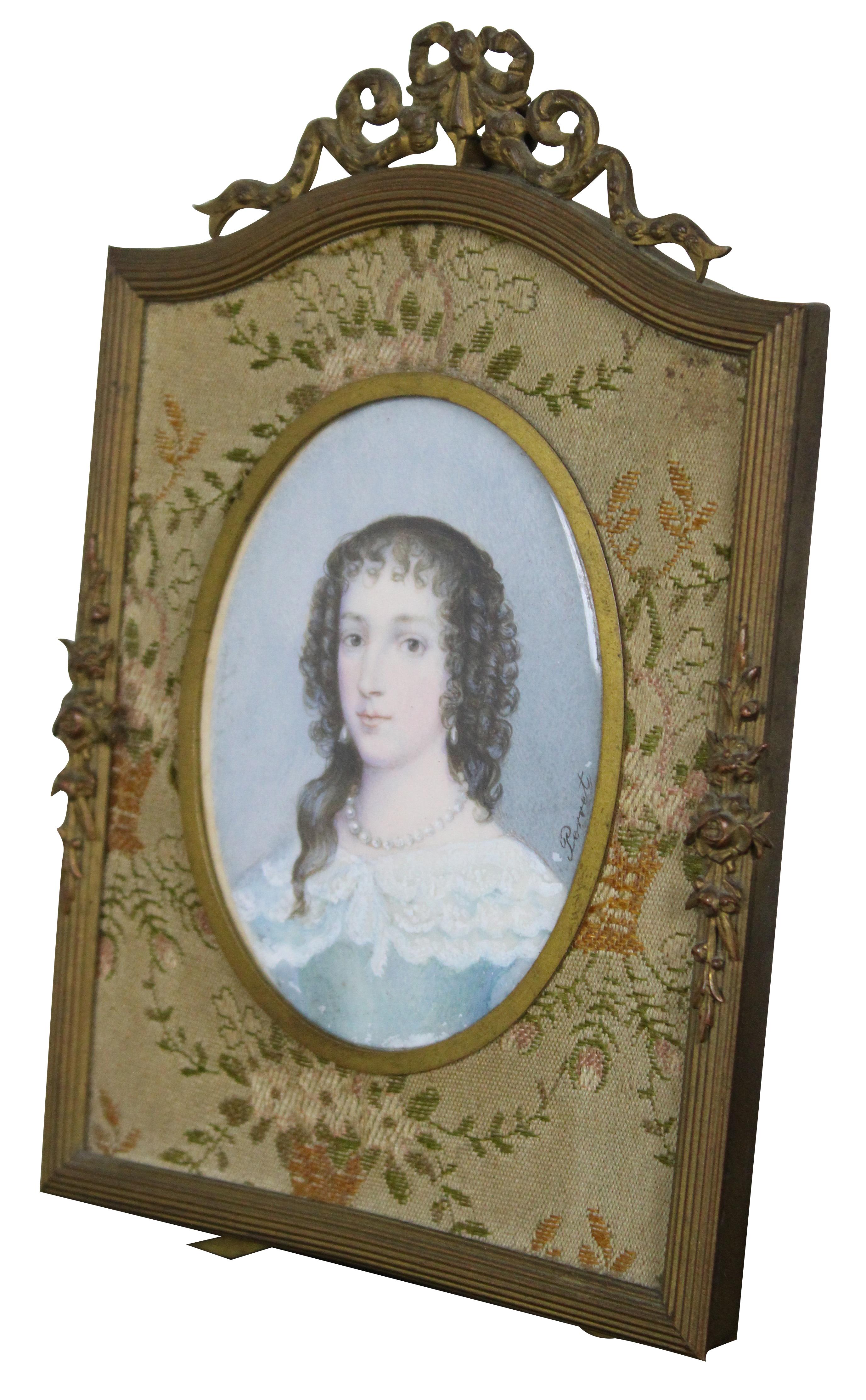 Antique miniature portrait painting of Queen Henrietta Maria by the French artist Aime Perret.  Young Henrietta is painted in a blue dress with white lace collar and brown curls. Signed along right side. Set in a Louis XV brass frame and matted in