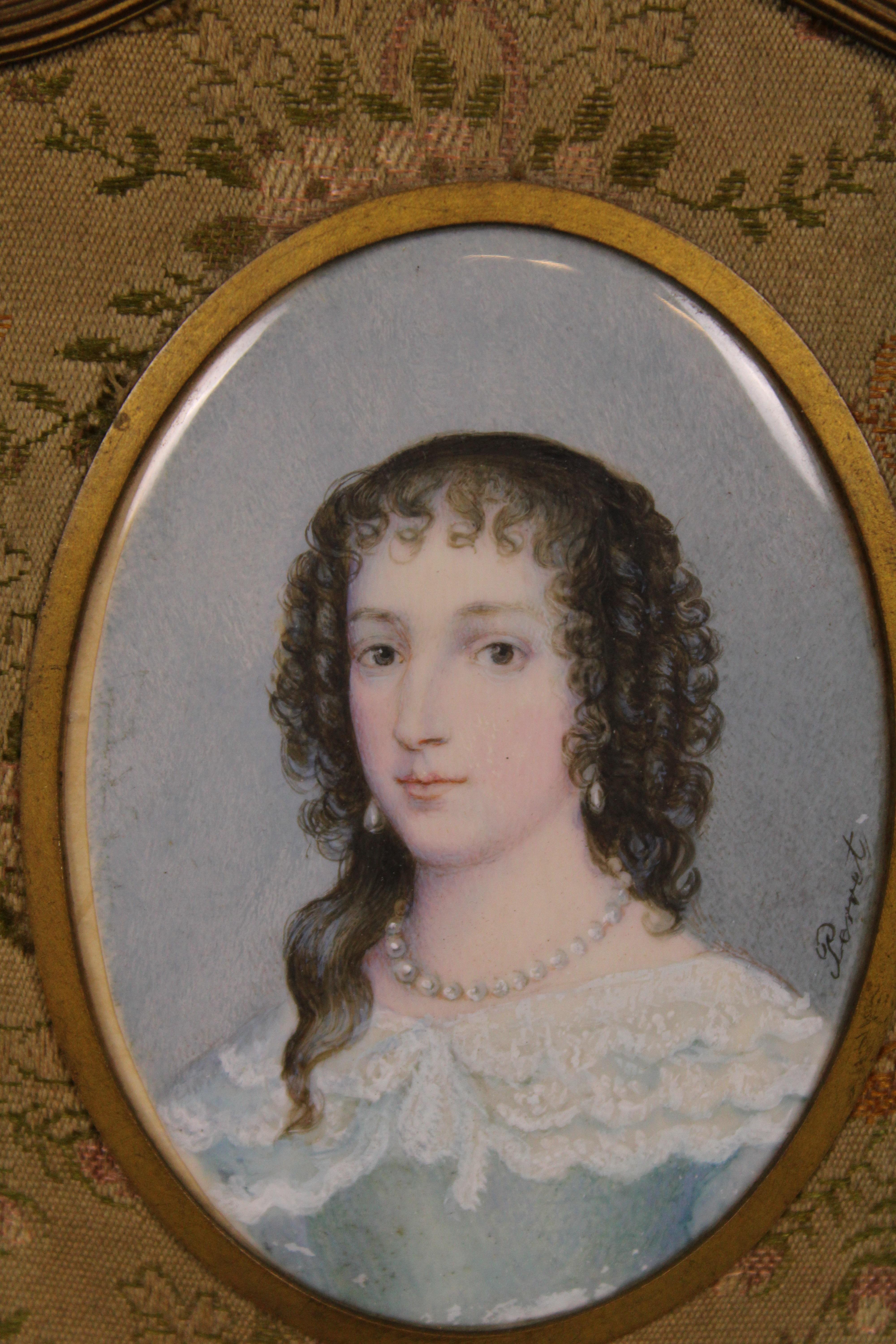 19th Century Antique Queen Henrietta Maria Miniature Cameo Portrait Painting by Aime Perret