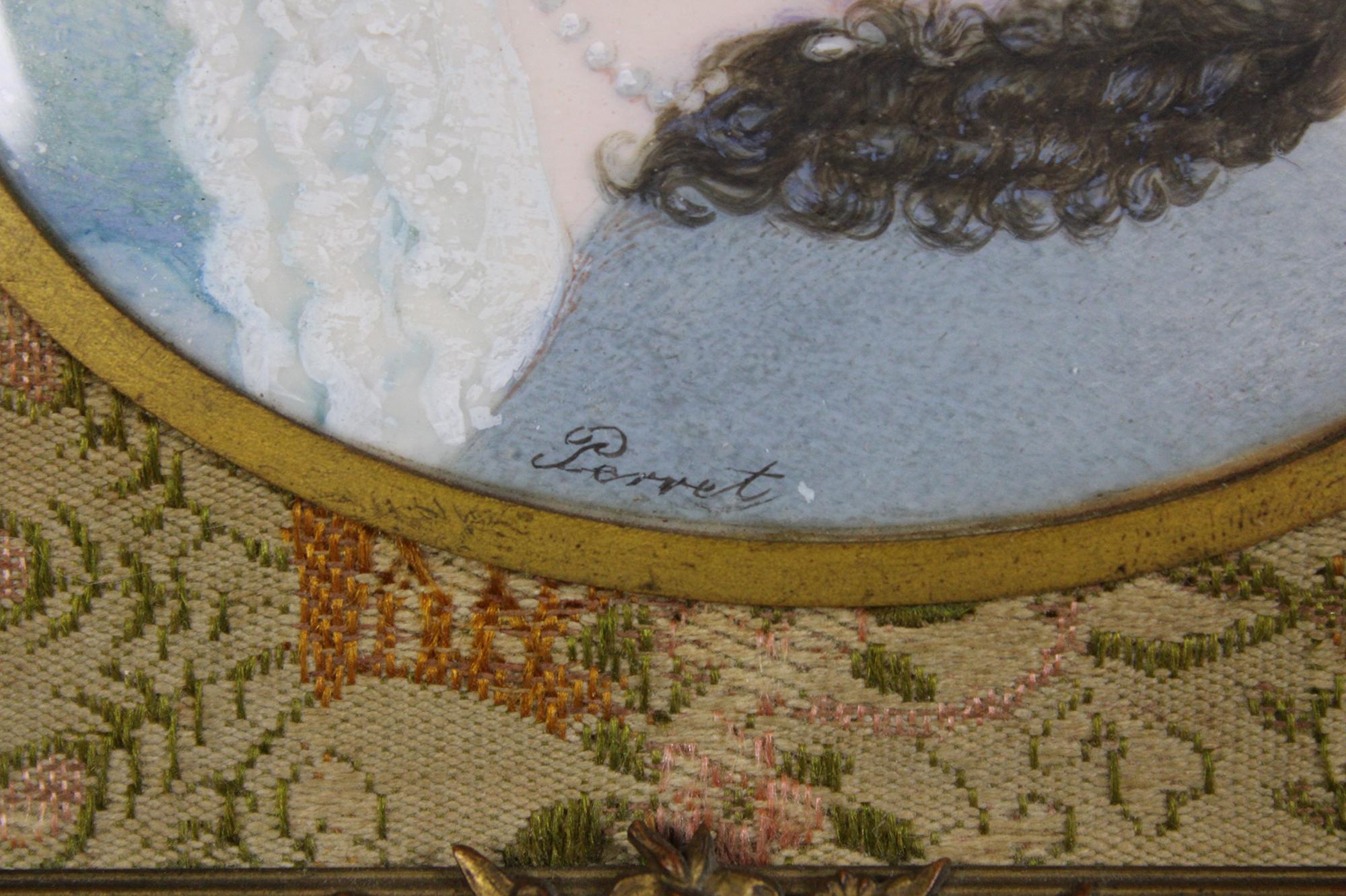 Brass Antique Queen Henrietta Maria Miniature Cameo Portrait Painting by Aime Perret