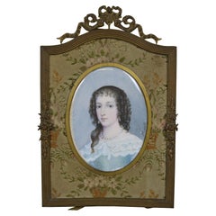 Antique French Louis XV Miniature Portrait Painting Woman in Blue Dress Georgian