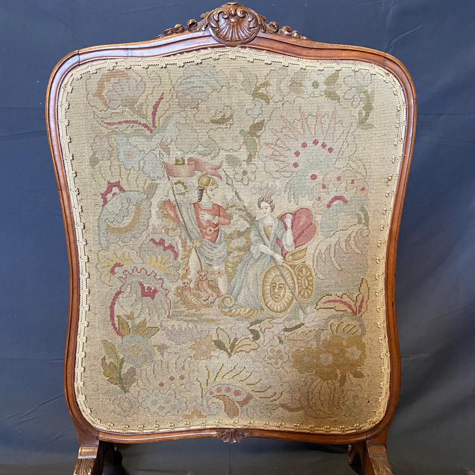 Tapestry Antique French Louis XV Needlepoint Petit Point Fireplace Fire Screen For Sale