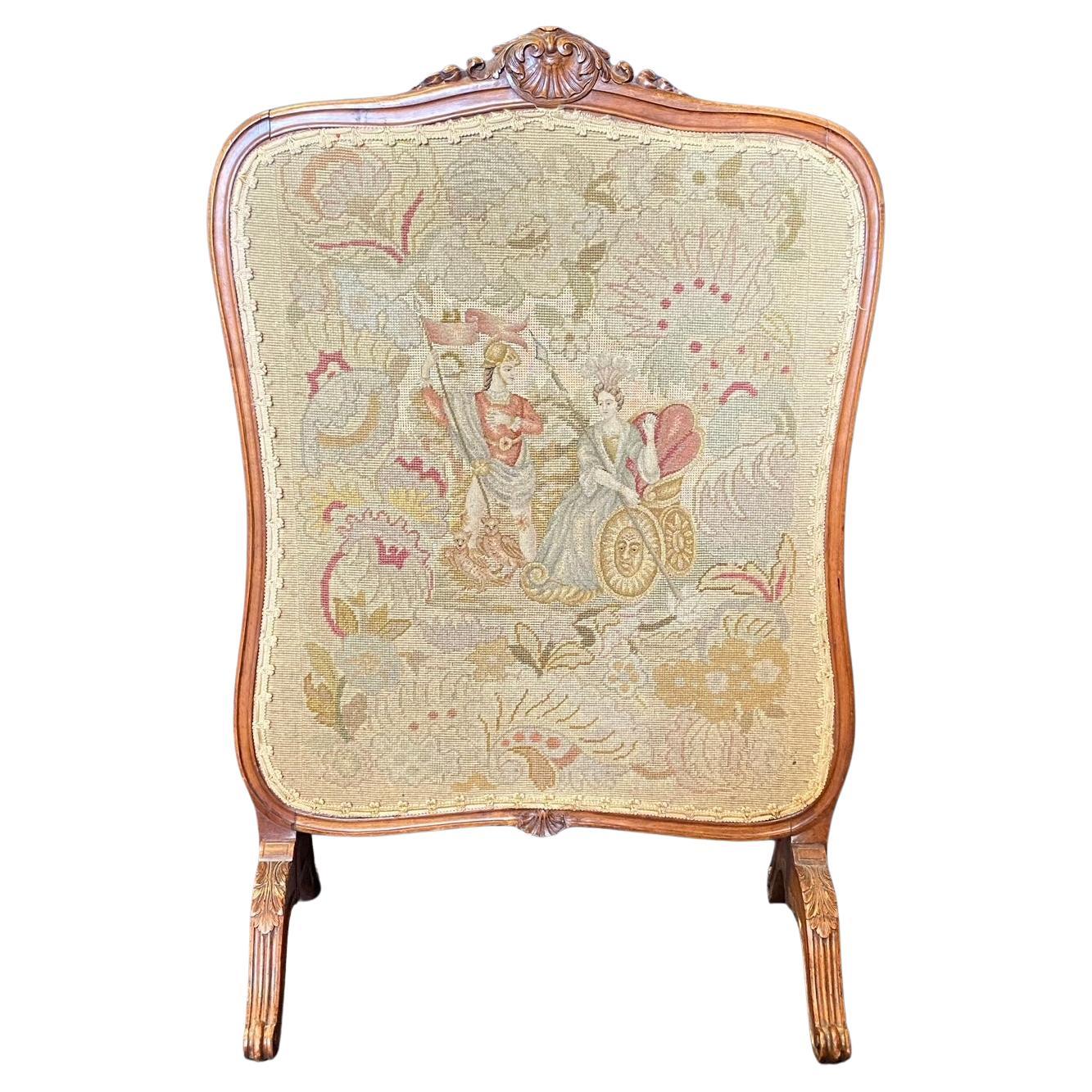 Antique French Louis XV Needlepoint Petit Point Fireplace Fire Screen
