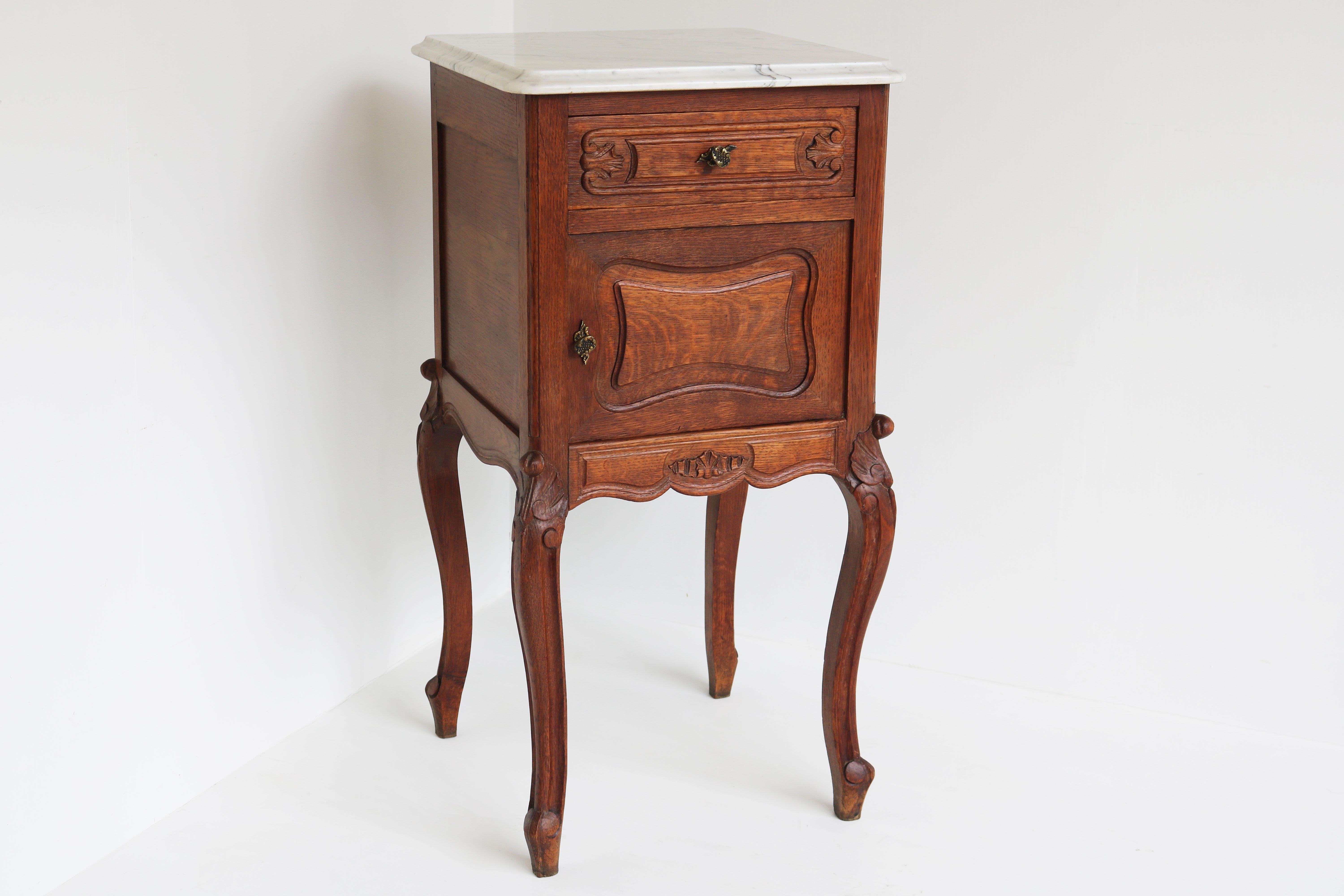 Hand-Carved Antique French Louis XV Night Stand / Bedside Table Carved Oak Carrara Marble