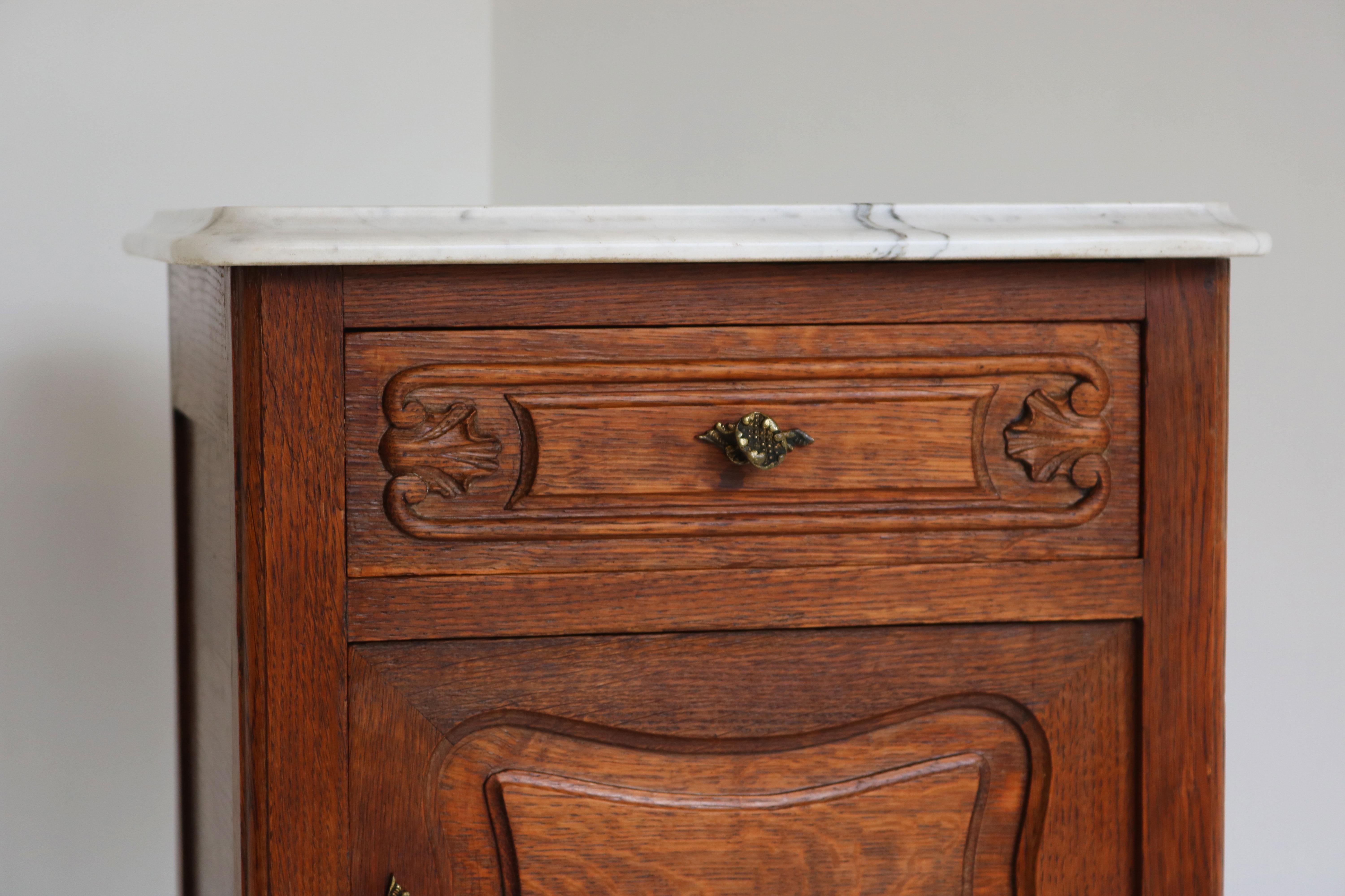 Antique French Louis XV Night Stand / Bedside Table Carved Oak Carrara Marble 3