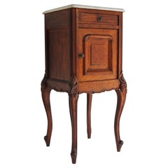 Antique French Louis XV Night Stand / Bedside Table Solid Oak Carrara Marble Top