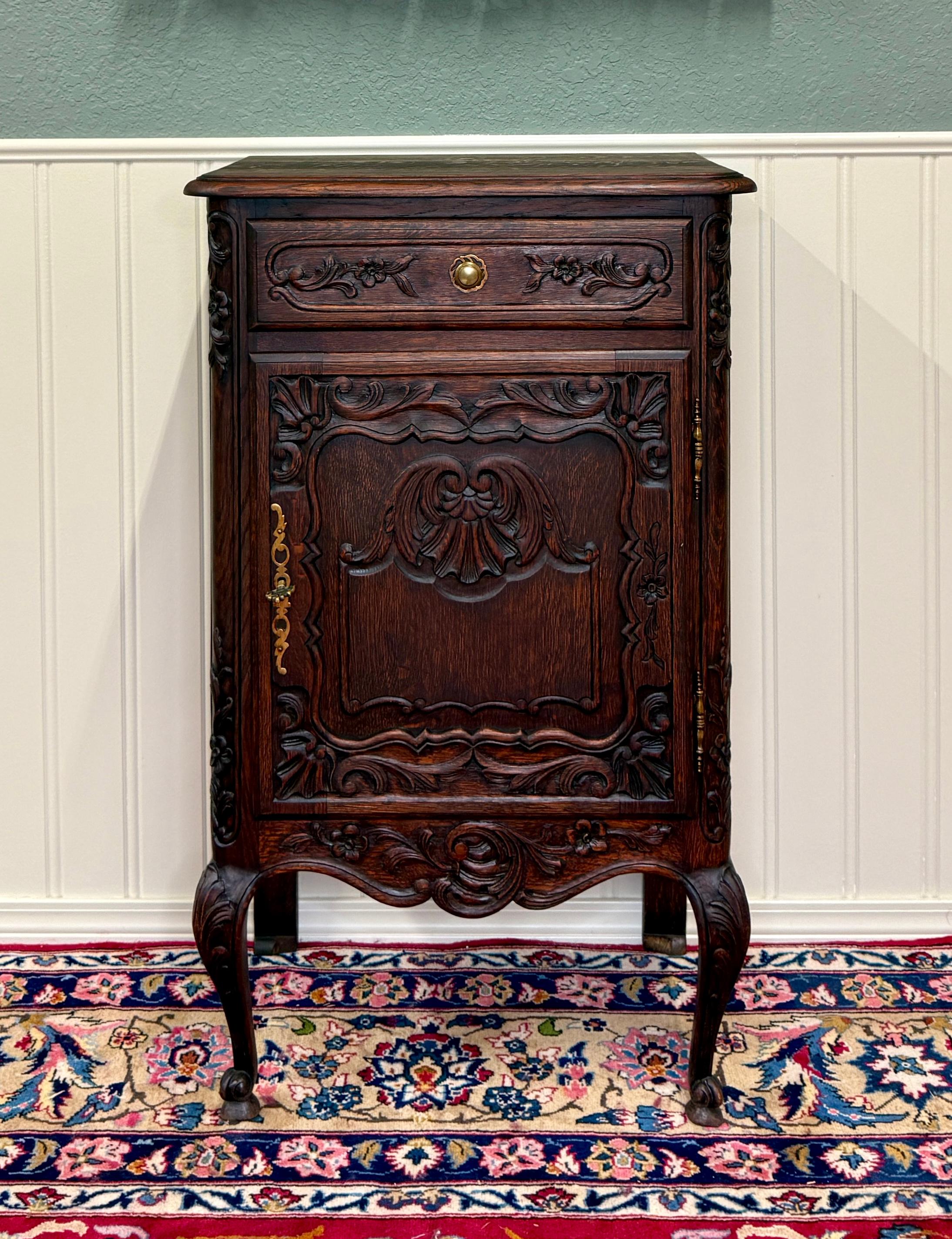 Carved Antique French Louis XV Nightstand Cabinet Storage Drawer Oak 1 of 2 c. 1920s For Sale