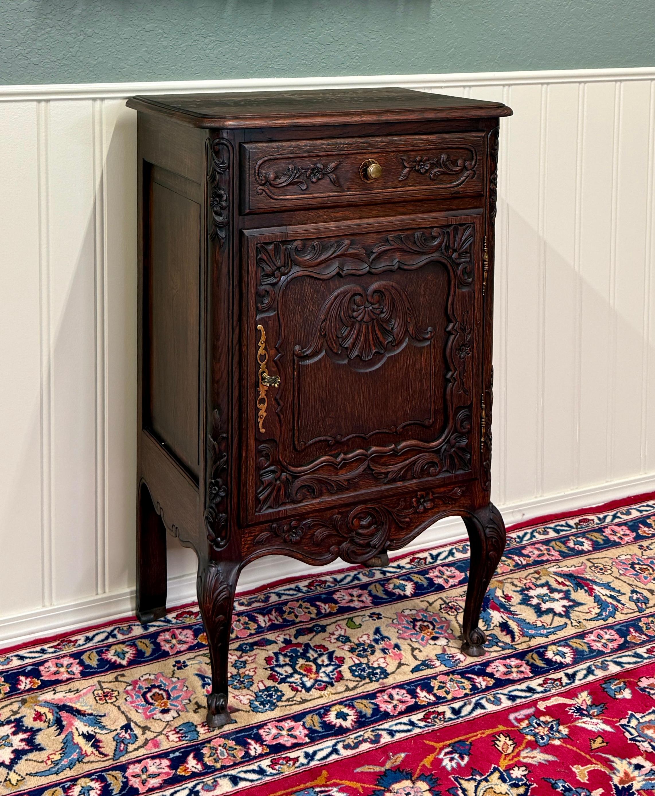 20th Century Antique French Louis XV Nightstand Cabinet Storage Drawer Oak 1 of 2 c. 1920s For Sale