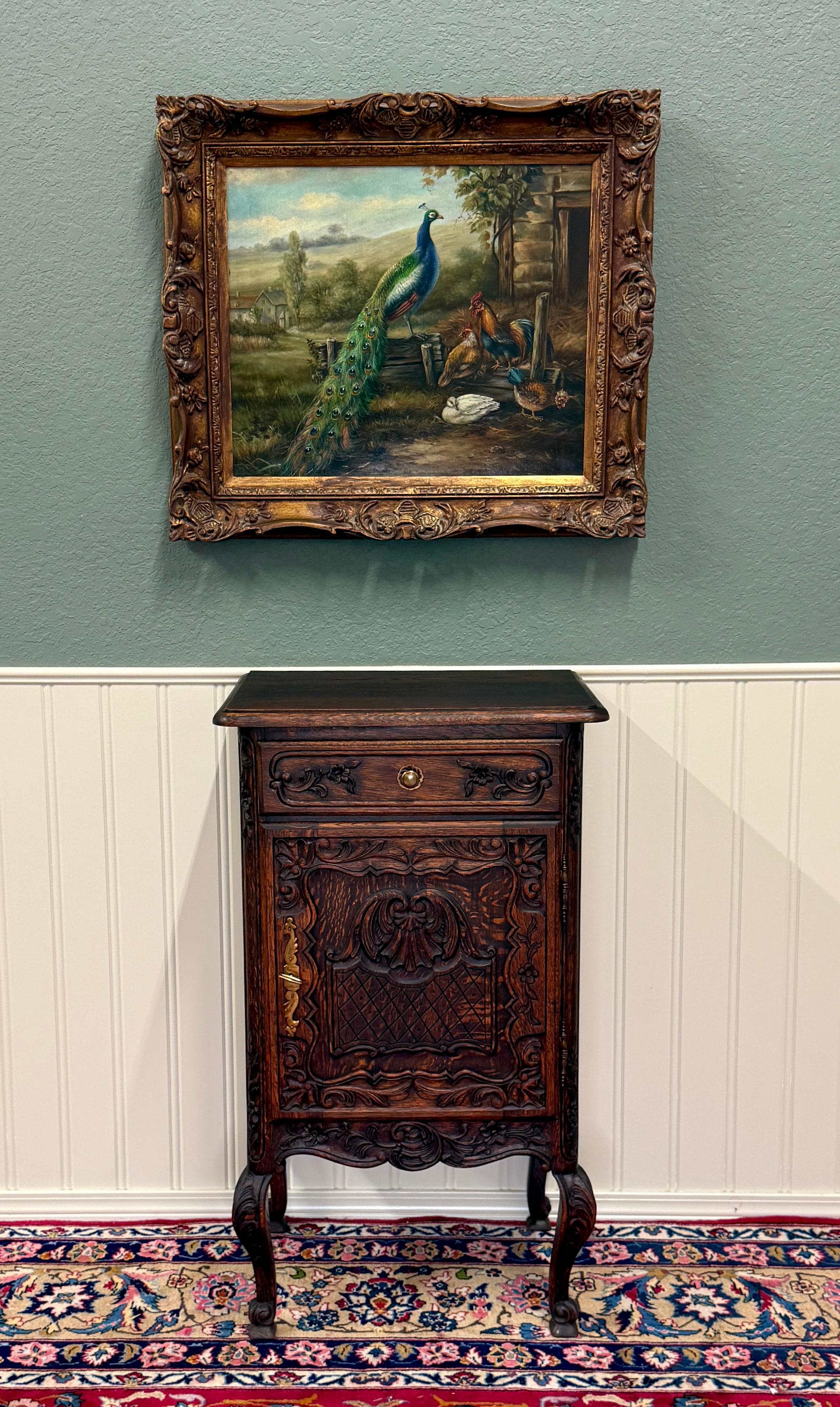    Beautifully Carved Antique French Tiger Oak Louis XV Style Nightstand Cabinet with Drawer~~2 of 2~~c. 1920s 

    Beautifully carved tiger oak~~ raised panel sides have carved lattice work and carved knees on all four shaped legs

    Perfect