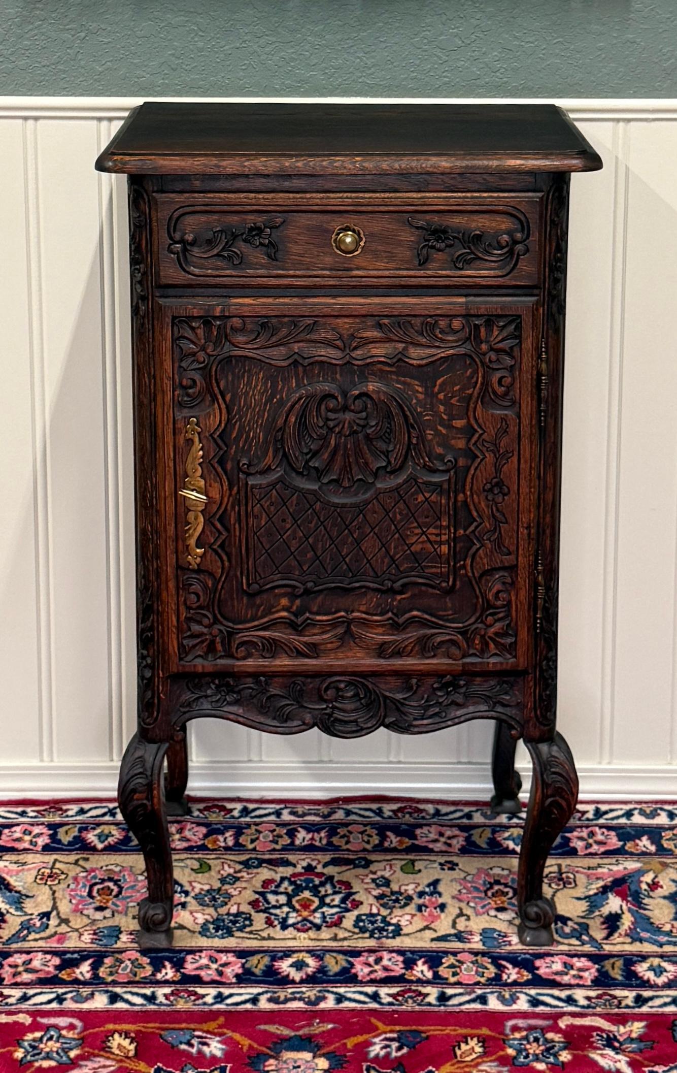 Carved Antique French Louis XV Nightstand Cabinet Storage Drawer Oak 2 of 2 1920s For Sale