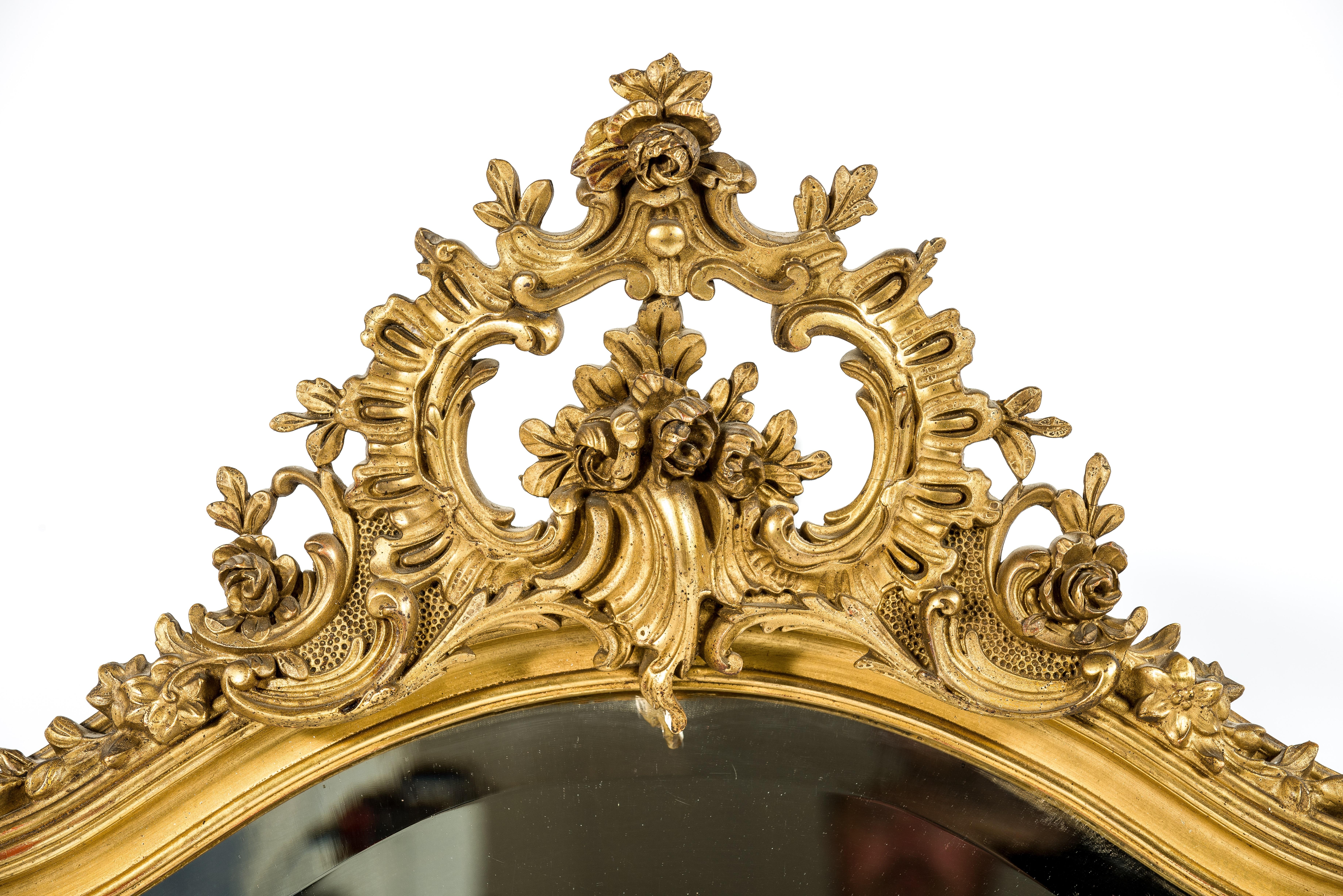 19th Century Antique French Louis XV or Rococo Gold Gilt Mirror with Facetted Glass