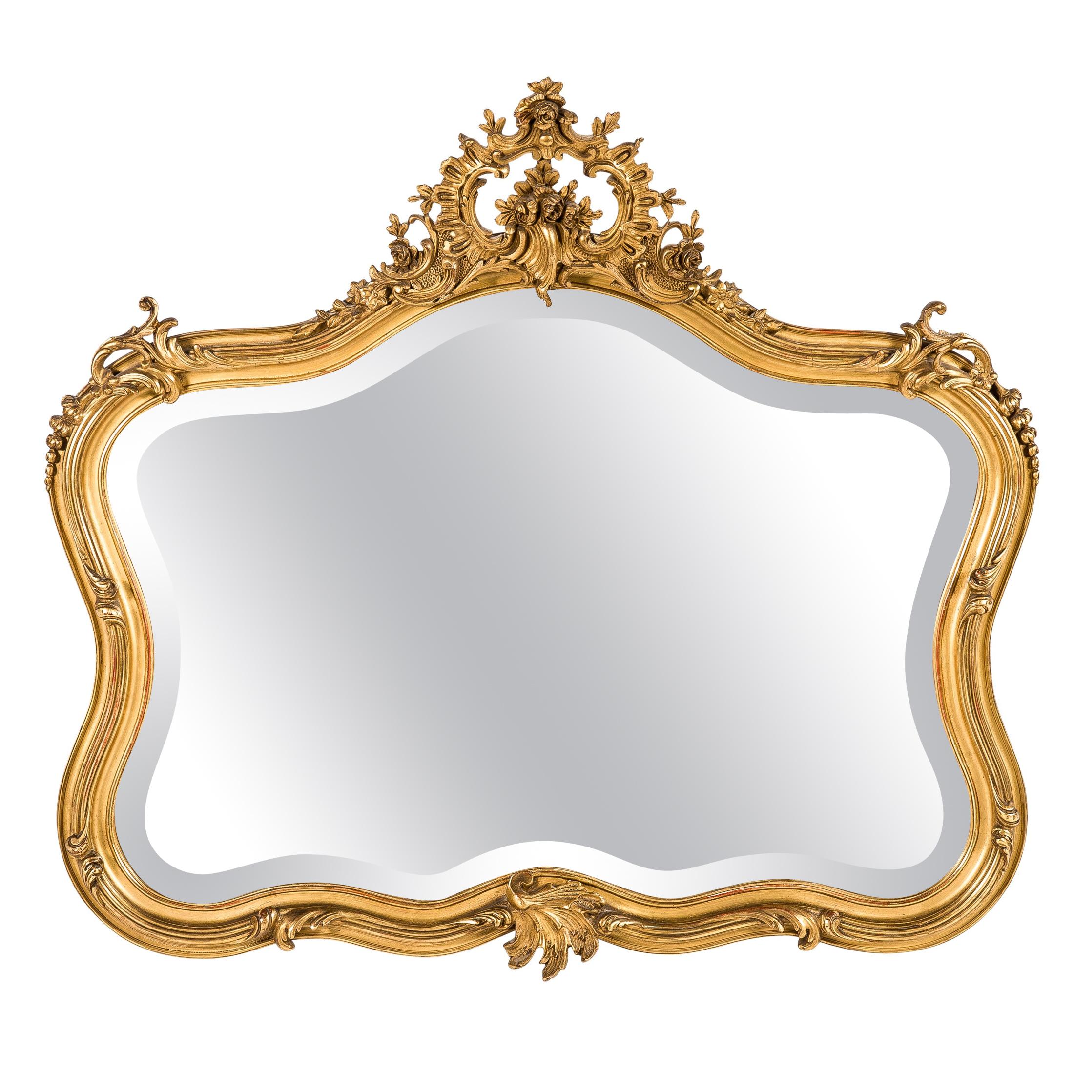 Antique French Louis XV or Rococo Gold Gilt Mirror with Facetted Glass