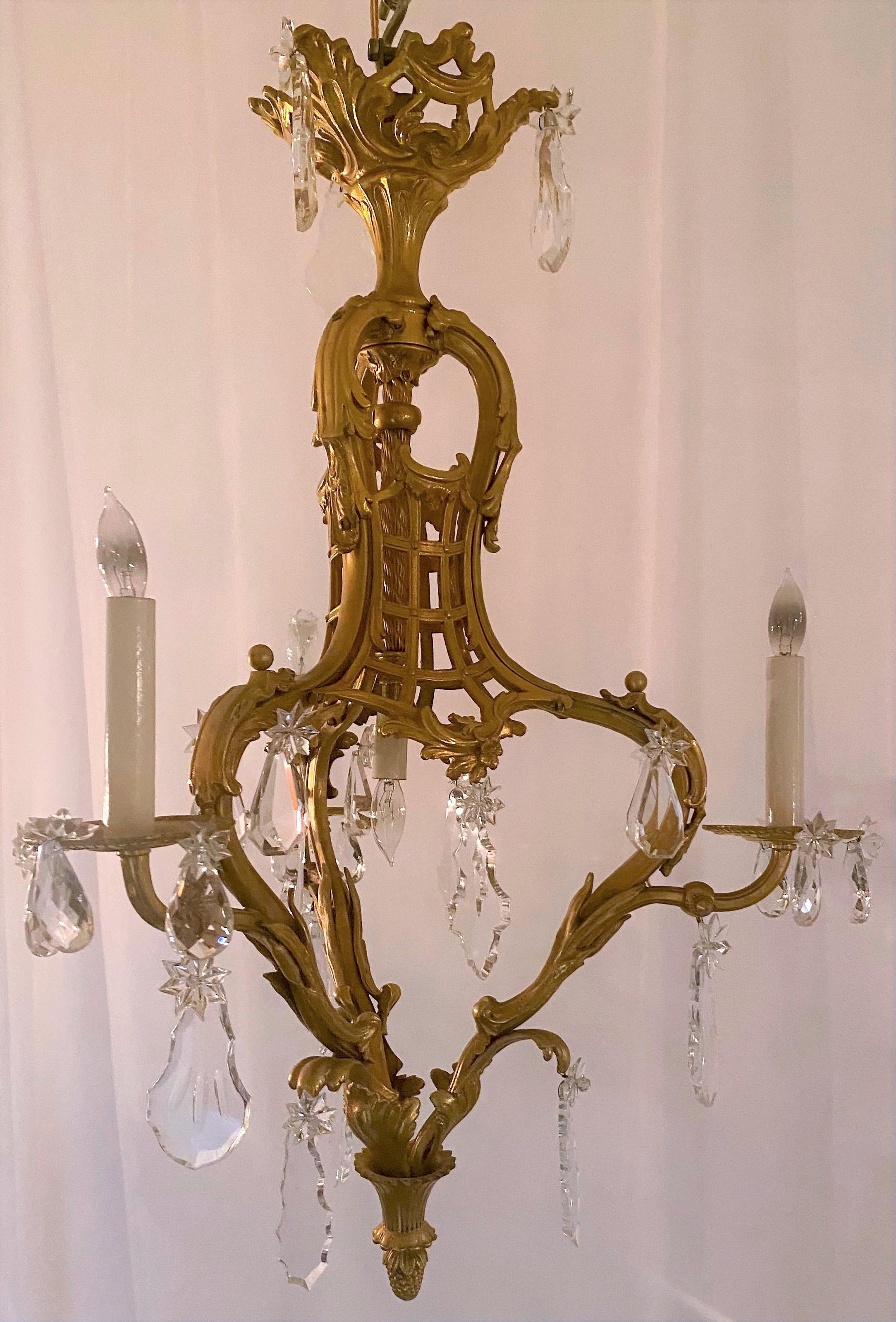 19th Century Antique French Louis XV Ormolu & Baccarat Crystal 3-Light Chandelier, circa 1870 For Sale