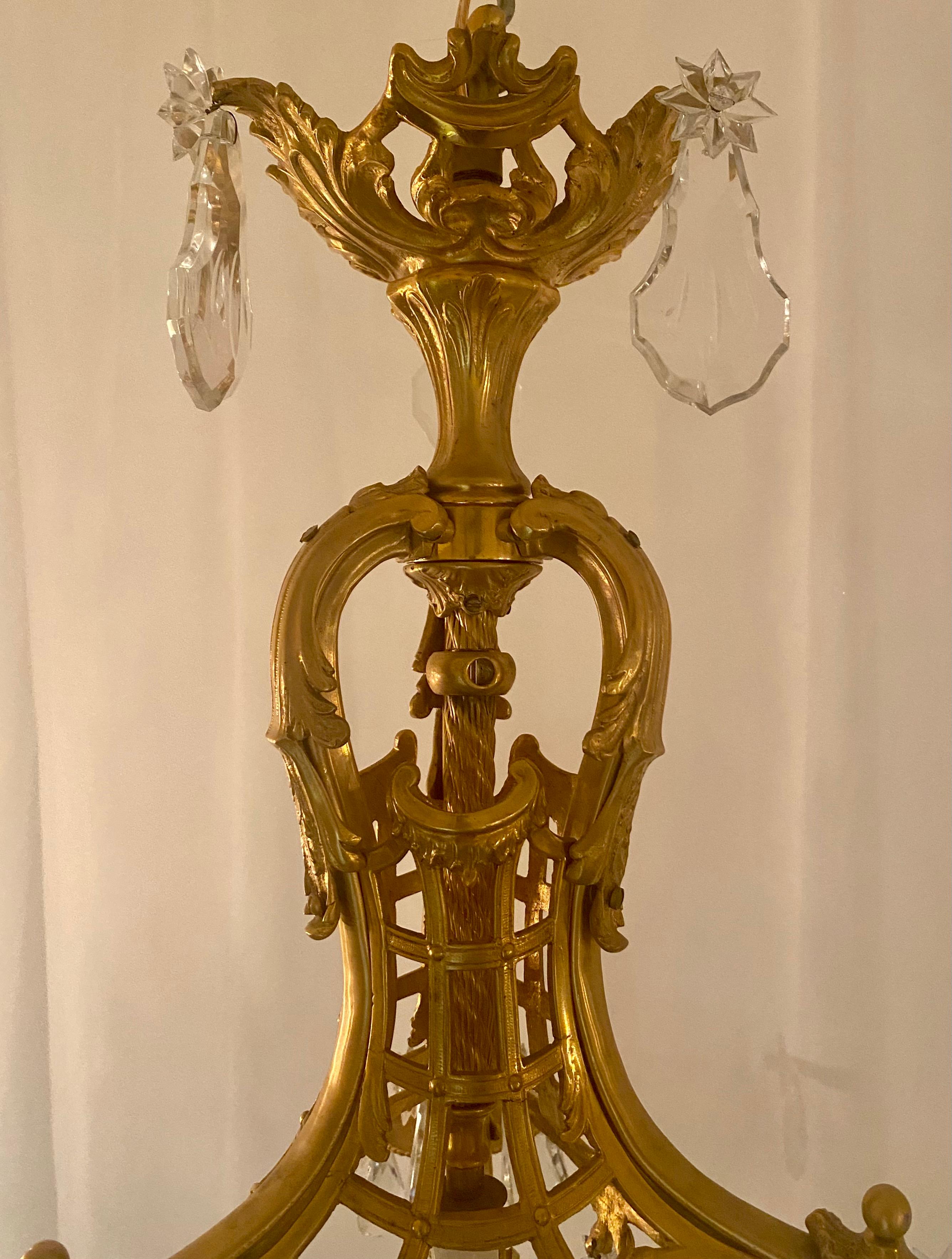 Bronze Antique French Louis XV Ormolu & Baccarat Crystal 3-Light Chandelier, circa 1870 For Sale