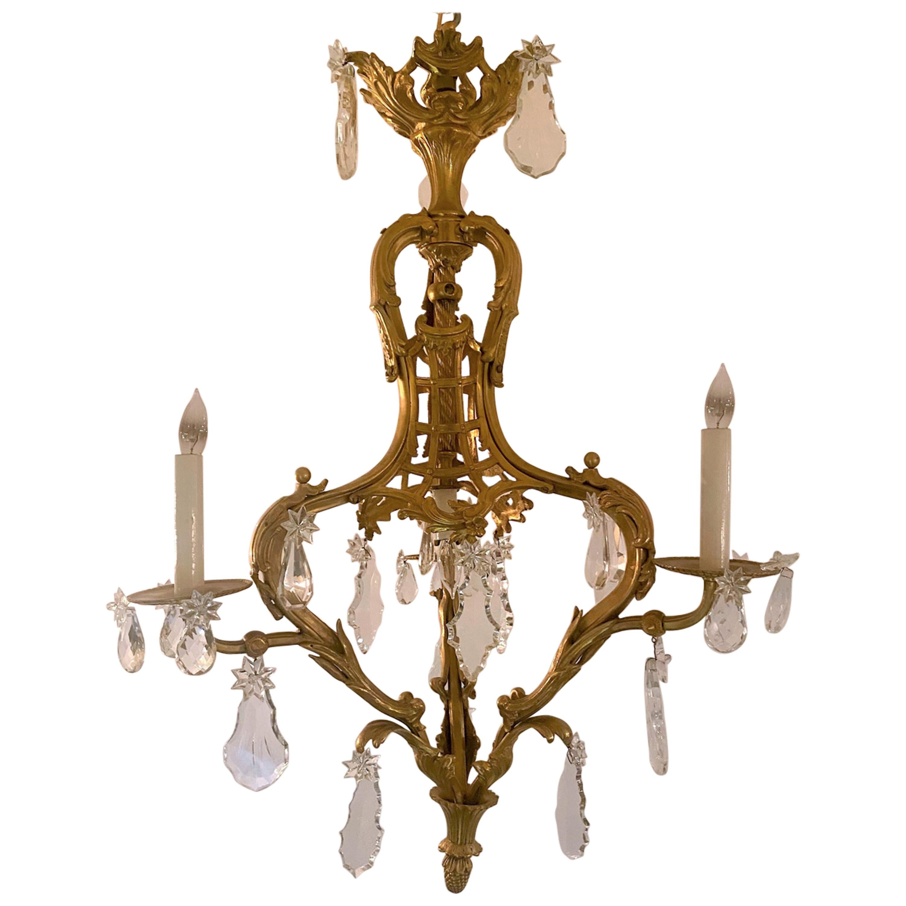 Antique French Louis XV Ormolu & Baccarat Crystal 3-Light Chandelier, circa 1870 For Sale