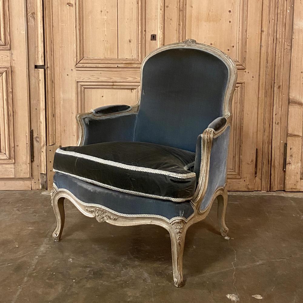 Hand-Carved Antique French Louis XV Painted Bergère