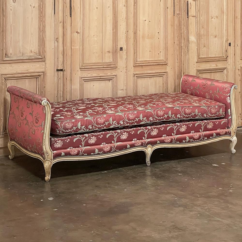 Antique French Louis XV Painted Day Bed ~ Sofa will add elegance, flair and comfort to any room, all in one piece!  The graceful, elegant lines of the Rococo style are evident in the cabriole forms of the frameworks that envelope the side boards,