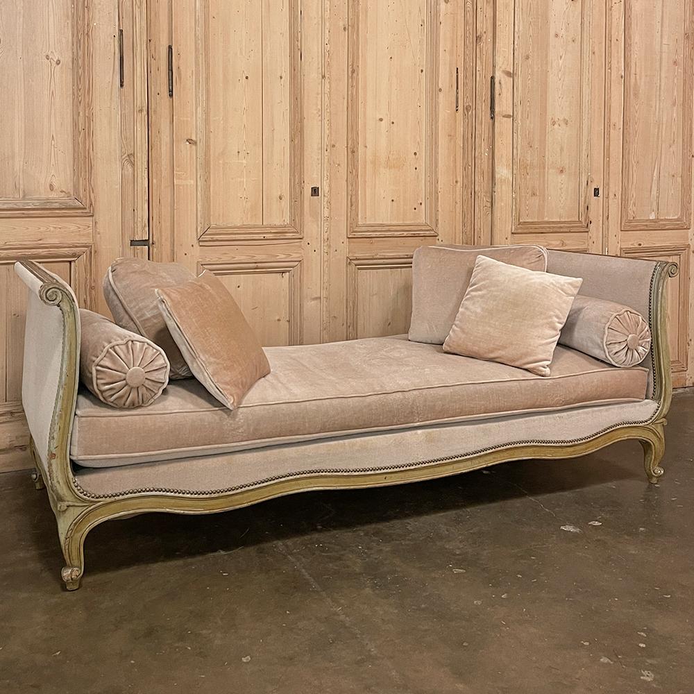 Antique French Louis XV painted daybed ~ Sofa is the ideal choice for the efficient floor plan! Serving as a gracious and comfortable sofa by day, it can be used to sleep one child or adult at night when guests arrive. Set was upholstered in mohair