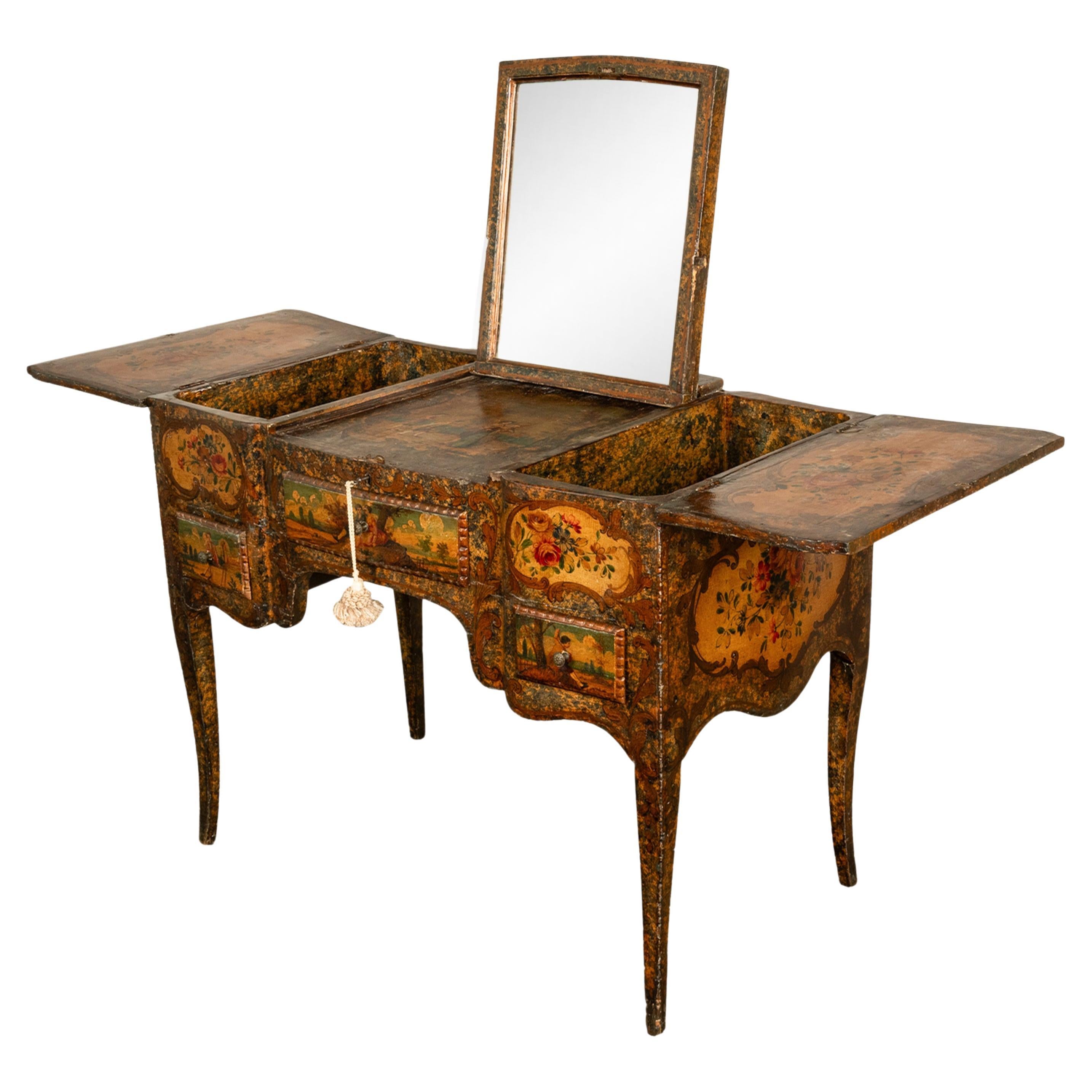 Antique French Louis XV Painted Rococo Bombe Shaped Dressing Table Vanity 1750