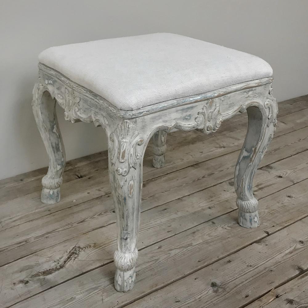 Hand-Carved Antique French Louis XV Painted Vanity Stool