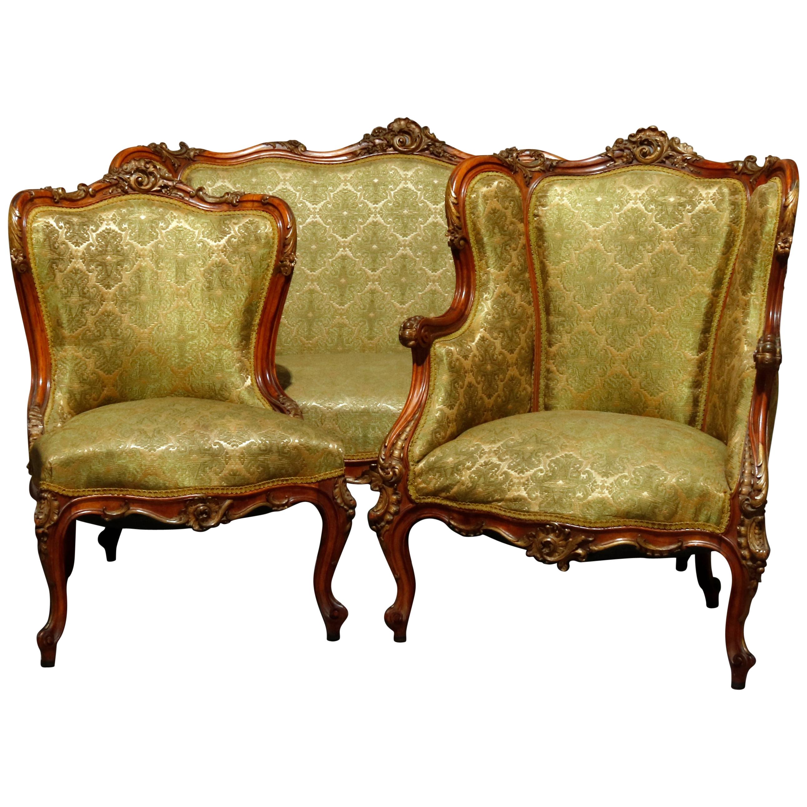 French Louis XV Parcel Gilt Carved Walnut 3-Piece Parlor Set, 19th Century