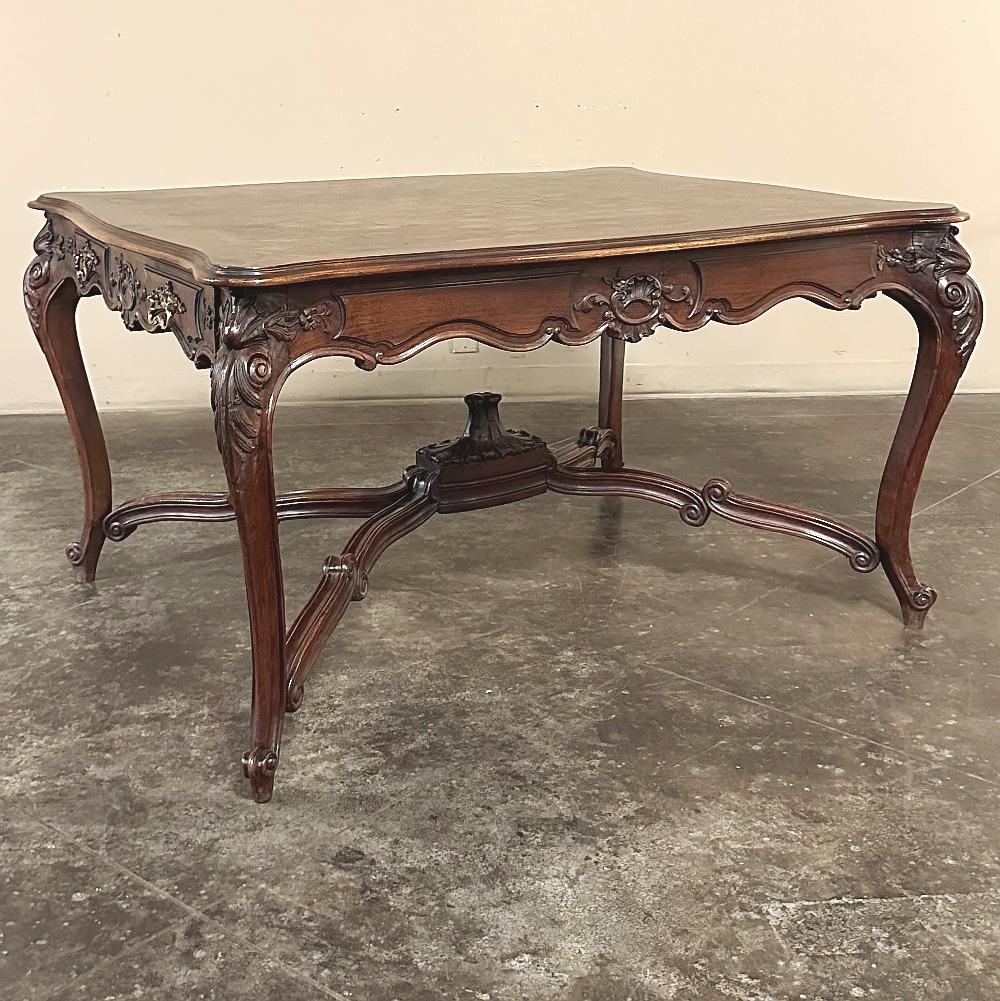 Antique French Louis XV Parquet Walnut Library Table ~ Center Table will add grace and elegance to any room!  Featuring an impressively contoured and beveled parquet top, it is supported by four boldly scrolled and carved cabriole legs, all
