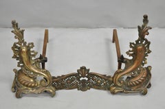 Antique French Louis XV Patinated Brass Bronze Small Fireplace Andirons & Fender