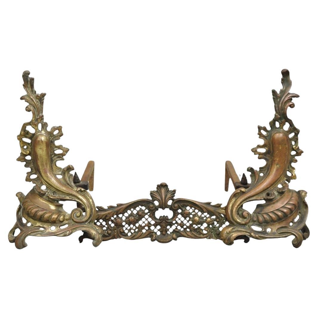 Antique French Louis XV Patinated Brass Bronze Small Fireplace Andirons & Fender en vente