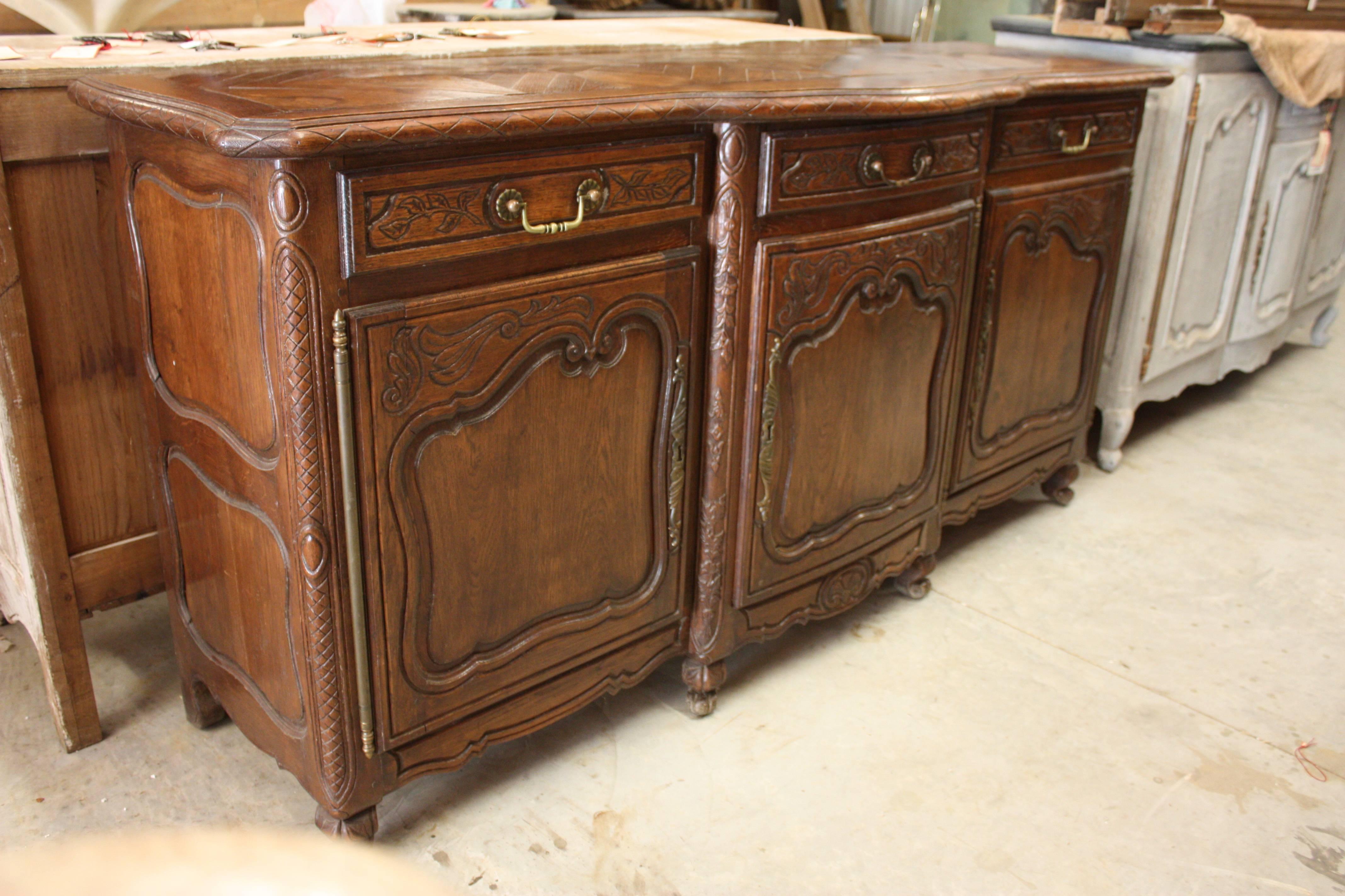 19th Century Antique French Louis XV Period Carved Oak Enfilade with Parquet Top, circa 1860