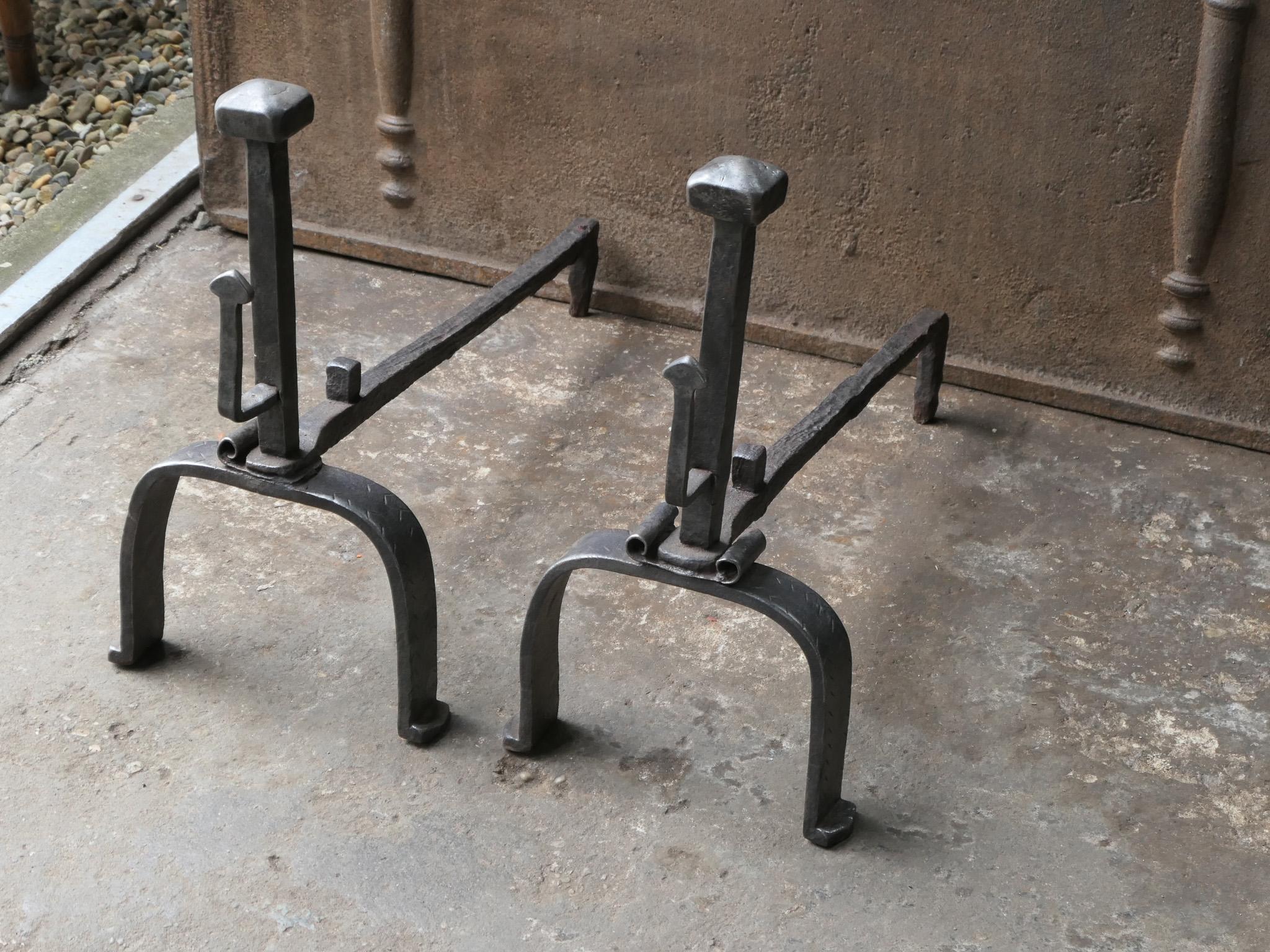 Wrought Iron Antique French Louis XV Period Fire Andirons, 18th Century  For Sale