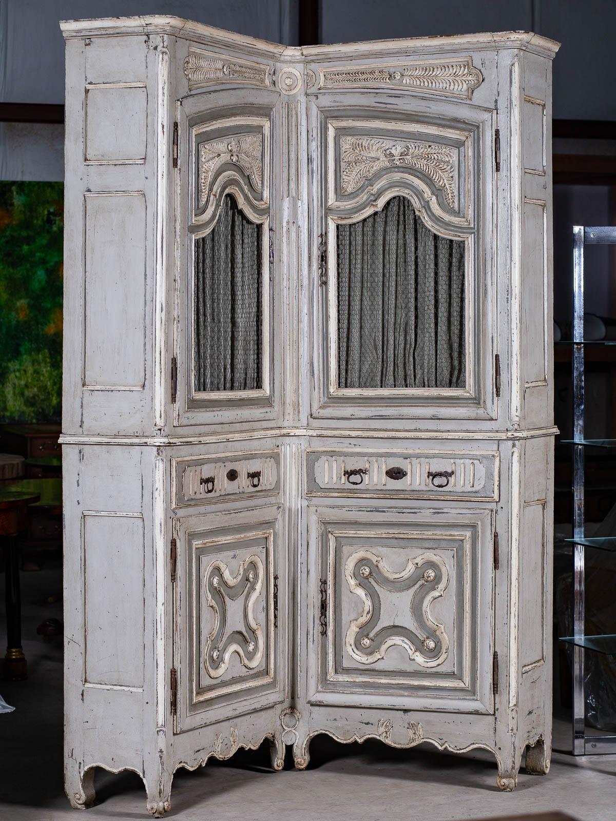 Hand-Carved Antique French Louis XV Period Painted and Carved Corner Cabinet, circa 1740 For Sale