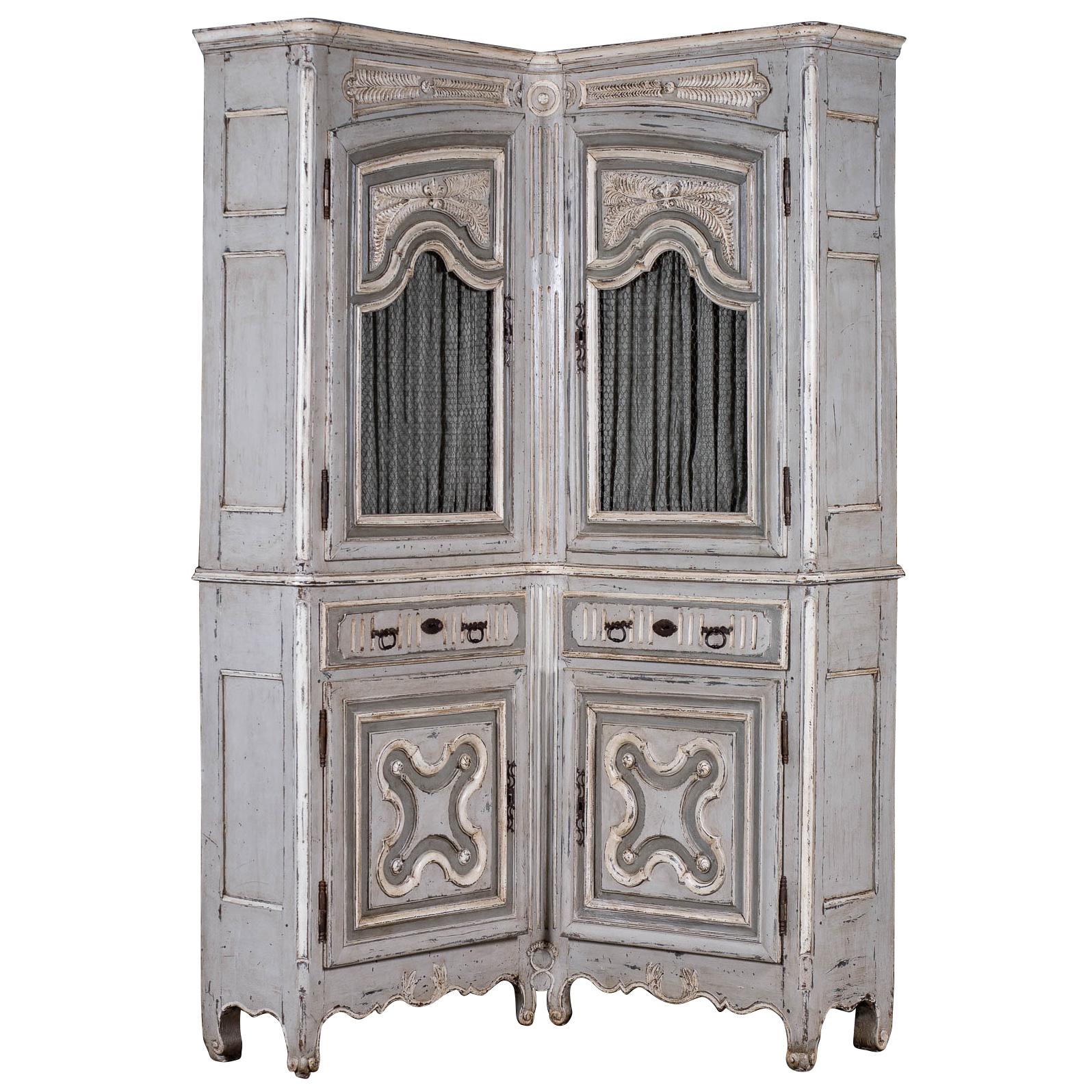 Antique French Louis XV Period Painted and Carved Corner Cabinet, circa 1740 For Sale