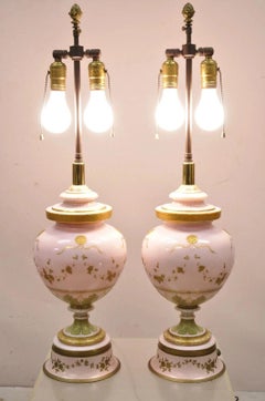 Antique French Louis XV Pink Porcelain Gold Painted Bulbous Table Lamps - a Pair