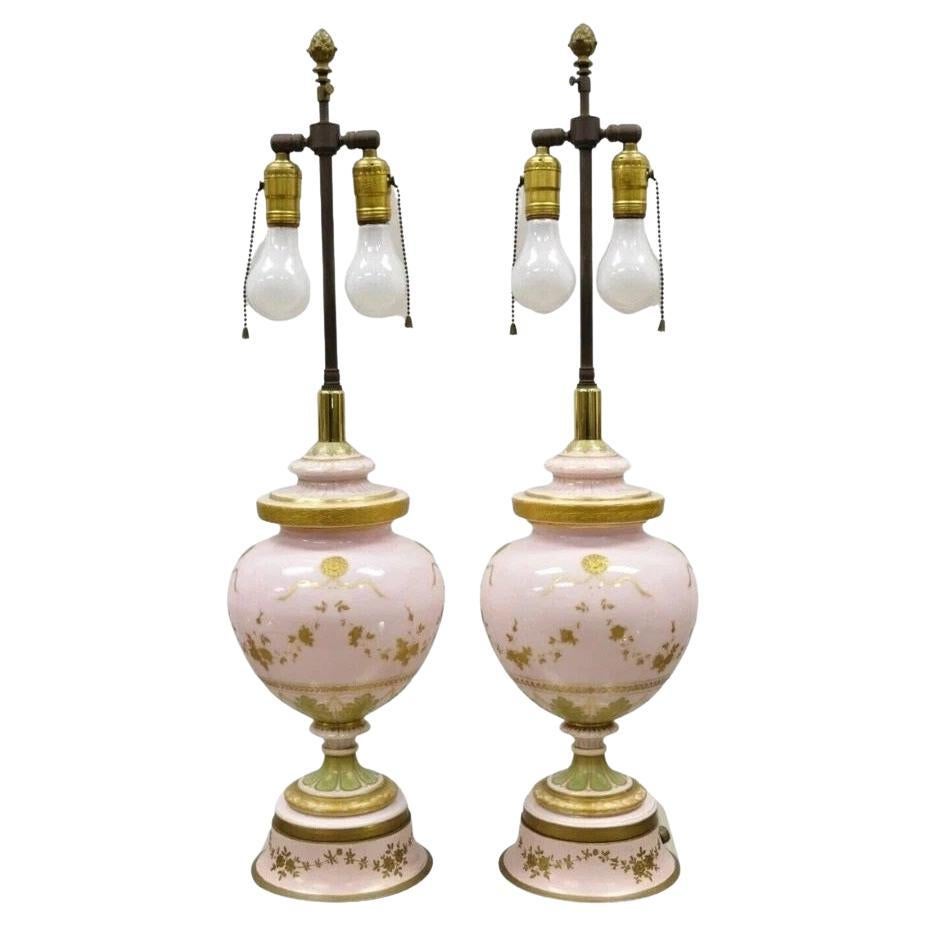 Antique French Louis XV Pink Porcelain Gold Painted Bulbous Table Lamps - a Pair For Sale