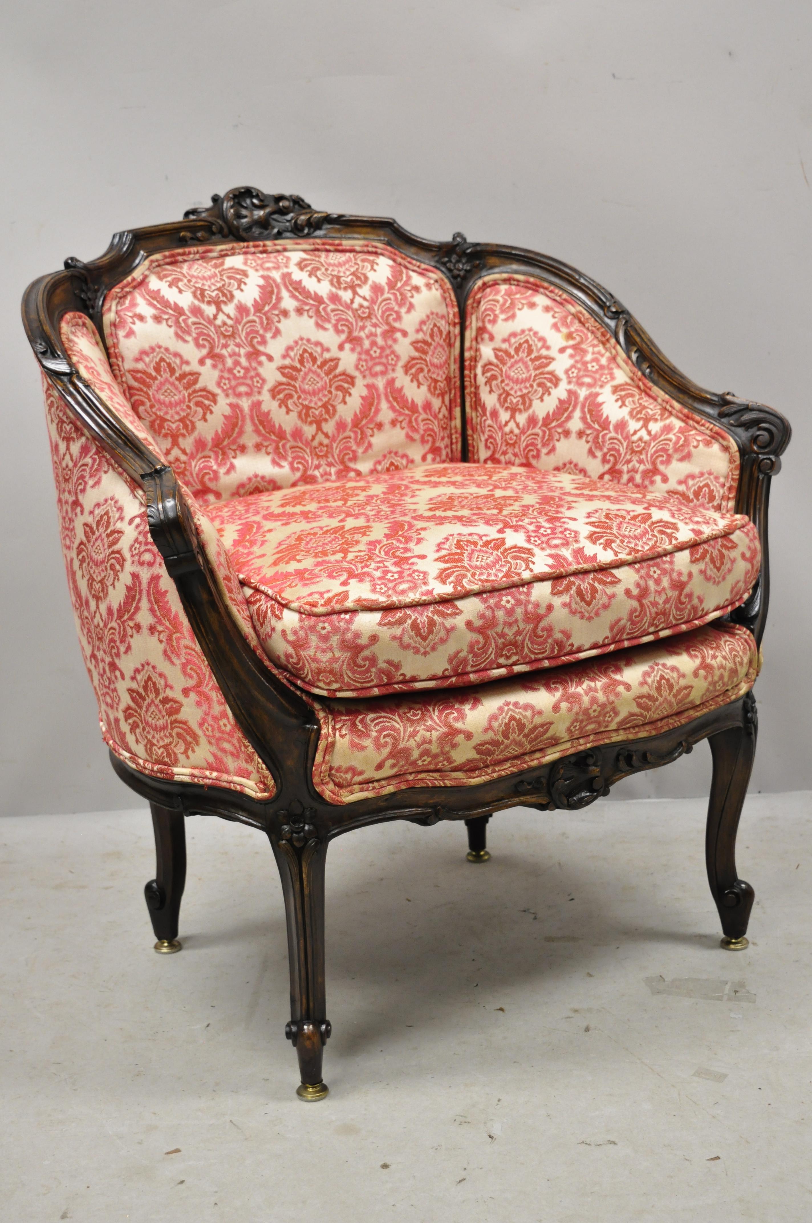 Antique French Louis XV Provincial style carved walnut upholstered boudoir accent chair. Item features solid wood frame, nicely carved details, cabriole legs, very nice antique item, great style and form, circa early 1900s. Measurements: 32