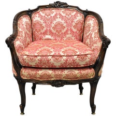 Antique French Louis XV Provincial Walnut Upholstered Boudoir Accent Chair
