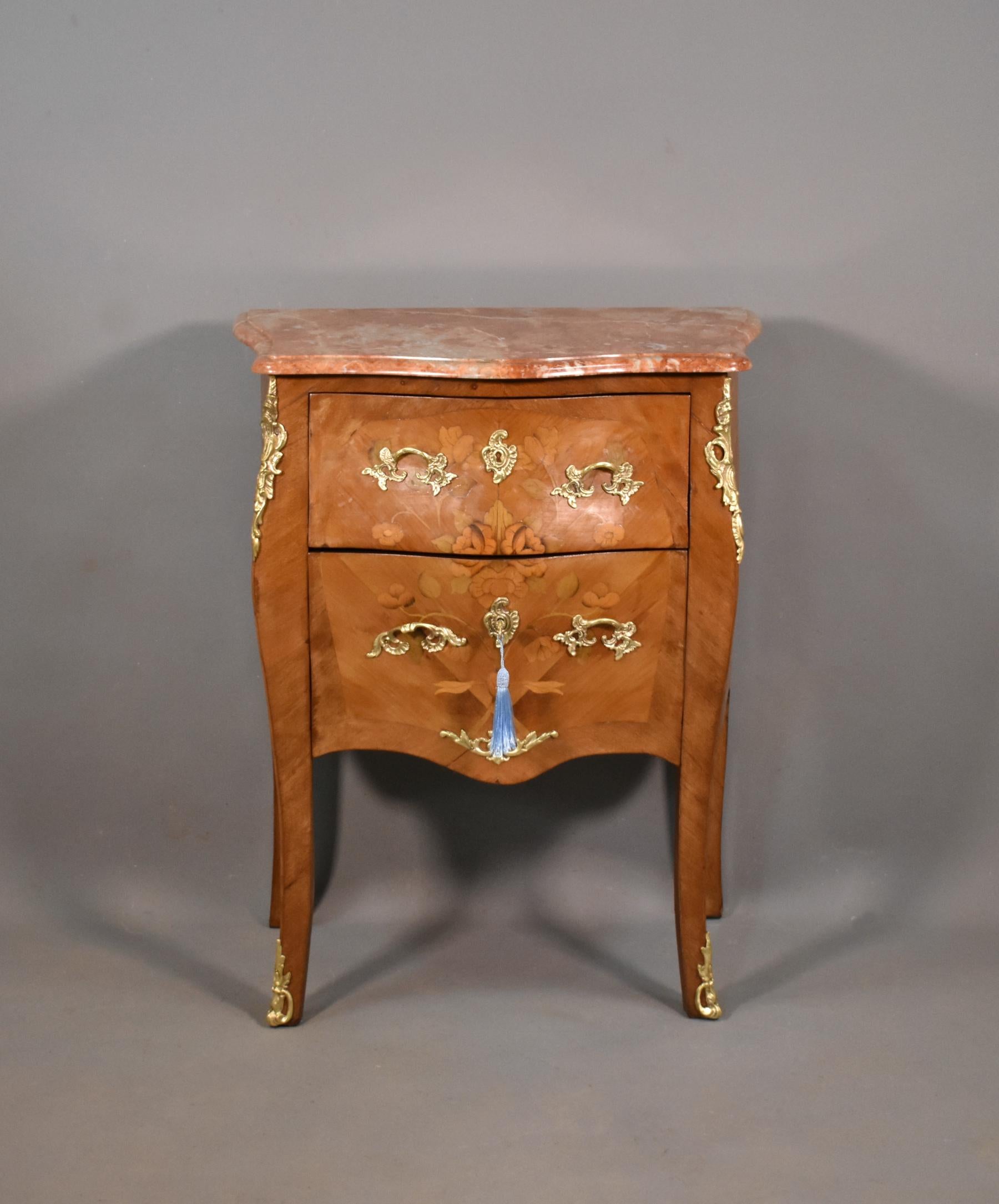 Beveled Antique French Louis XV Revival Marquetry Bombe Commode 19C For Sale