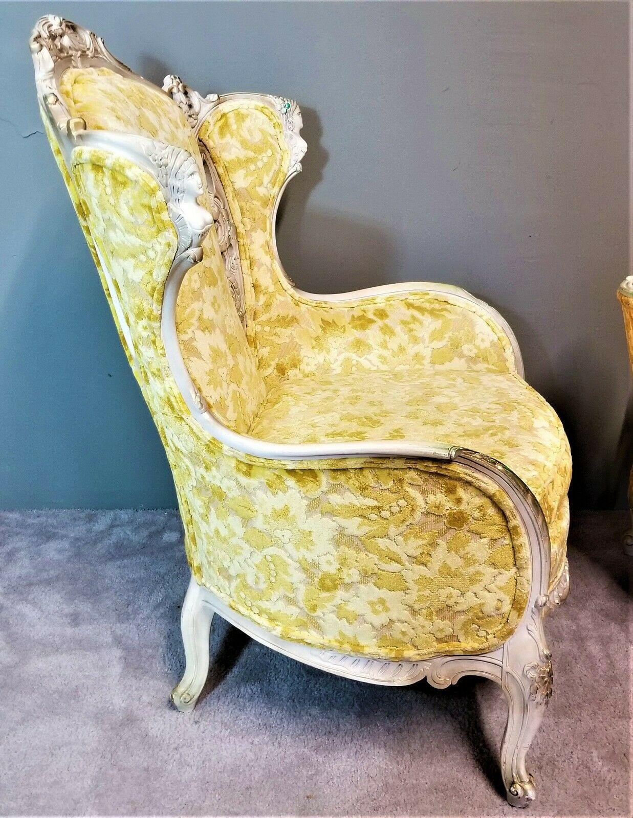 Offering One Of Our Recent Palm Beach Estate Fine Furniture Acquisitions Of A Spectacular Antique French Louis XV Rococo Hand Carved Burnout Velvet Wing Back Chair

We also have the matching sofa in Orange velvet listed separately.

Featuring