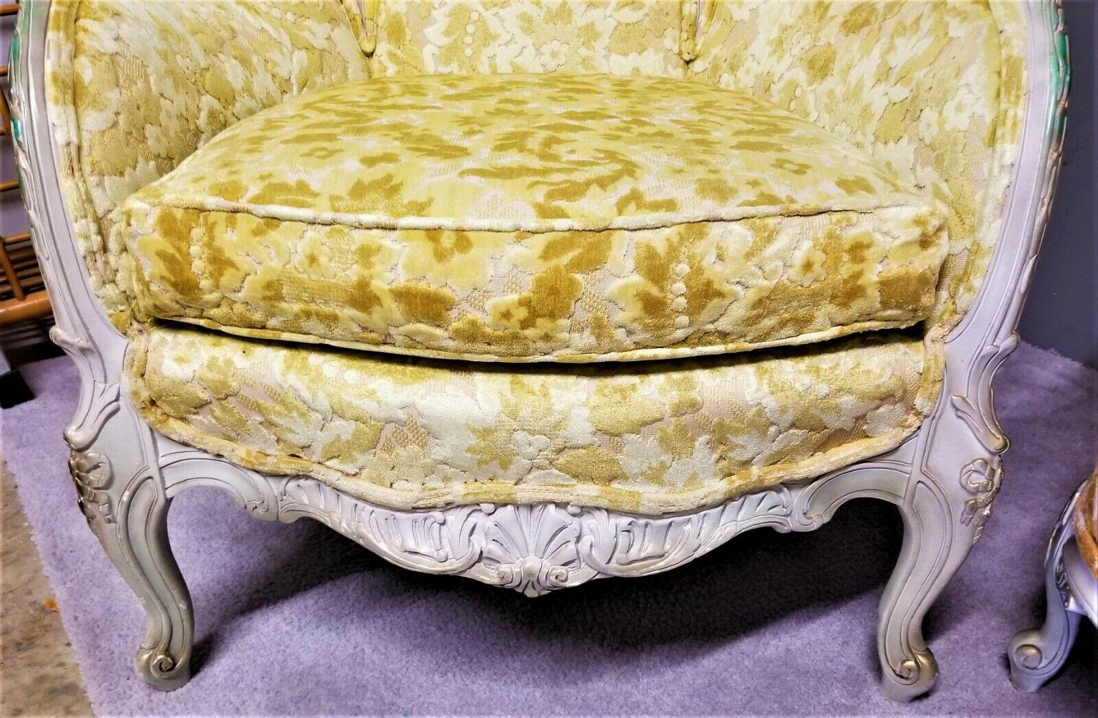 Antique French Louis XV Rococo Carved Velvet Wingback Chair For Sale 1