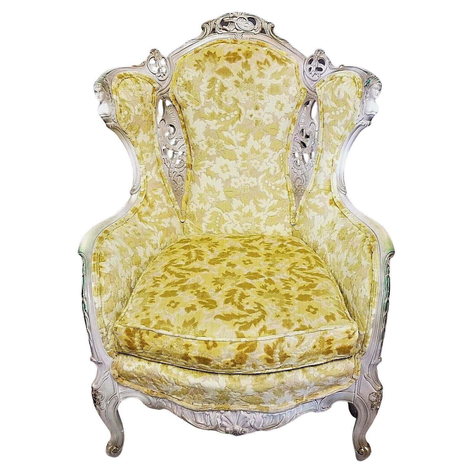 Antique French Louis XV Rococo Carved Velvet Wingback Chair