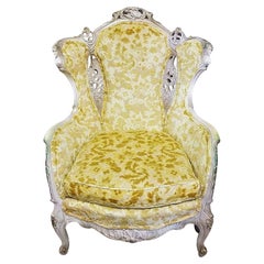 Retro French Louis XV Rococo Carved Velvet Wingback Chair