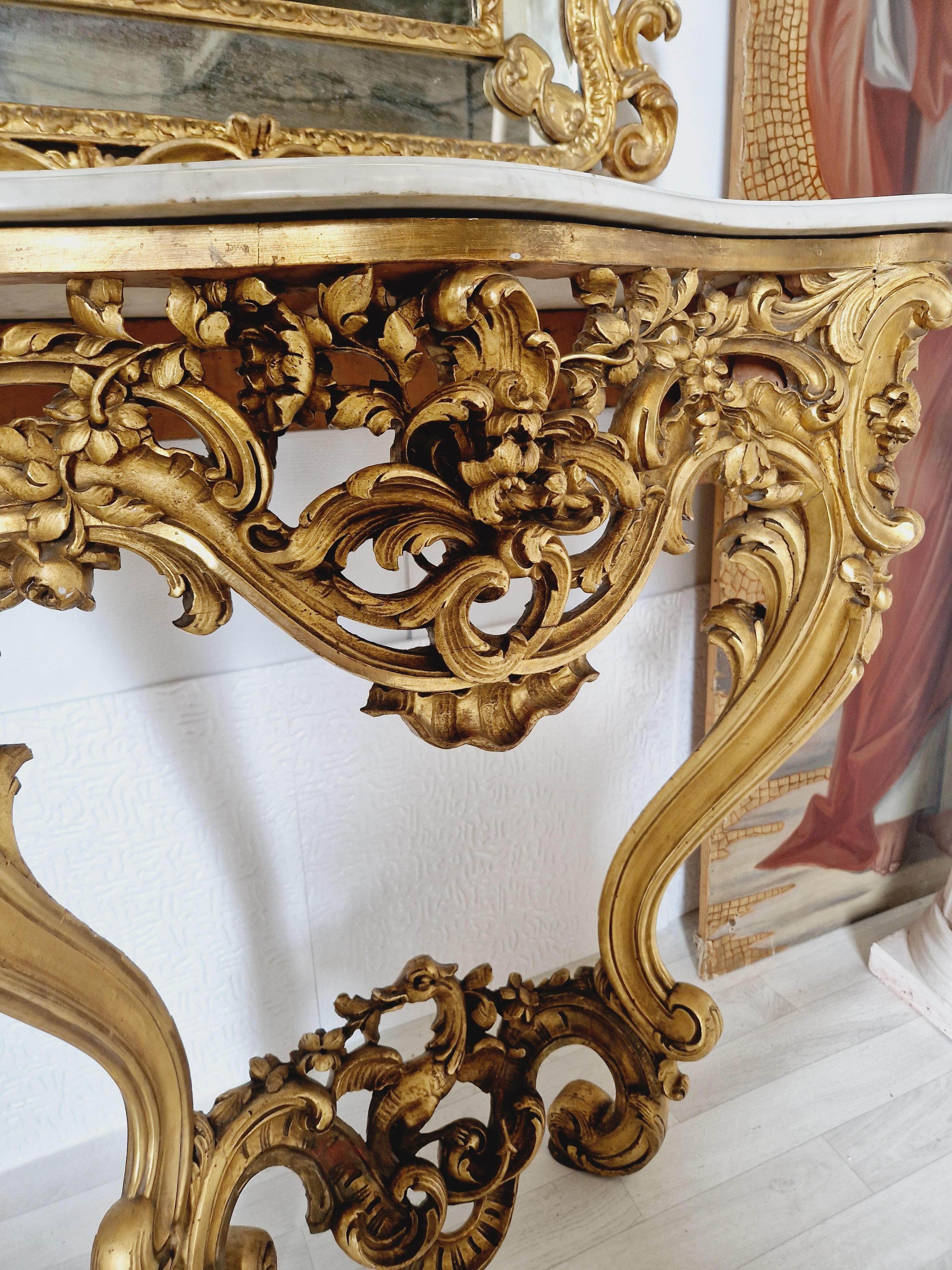 Ancienne table console rococo française Louis XV avec plateau en marbre en vente 2