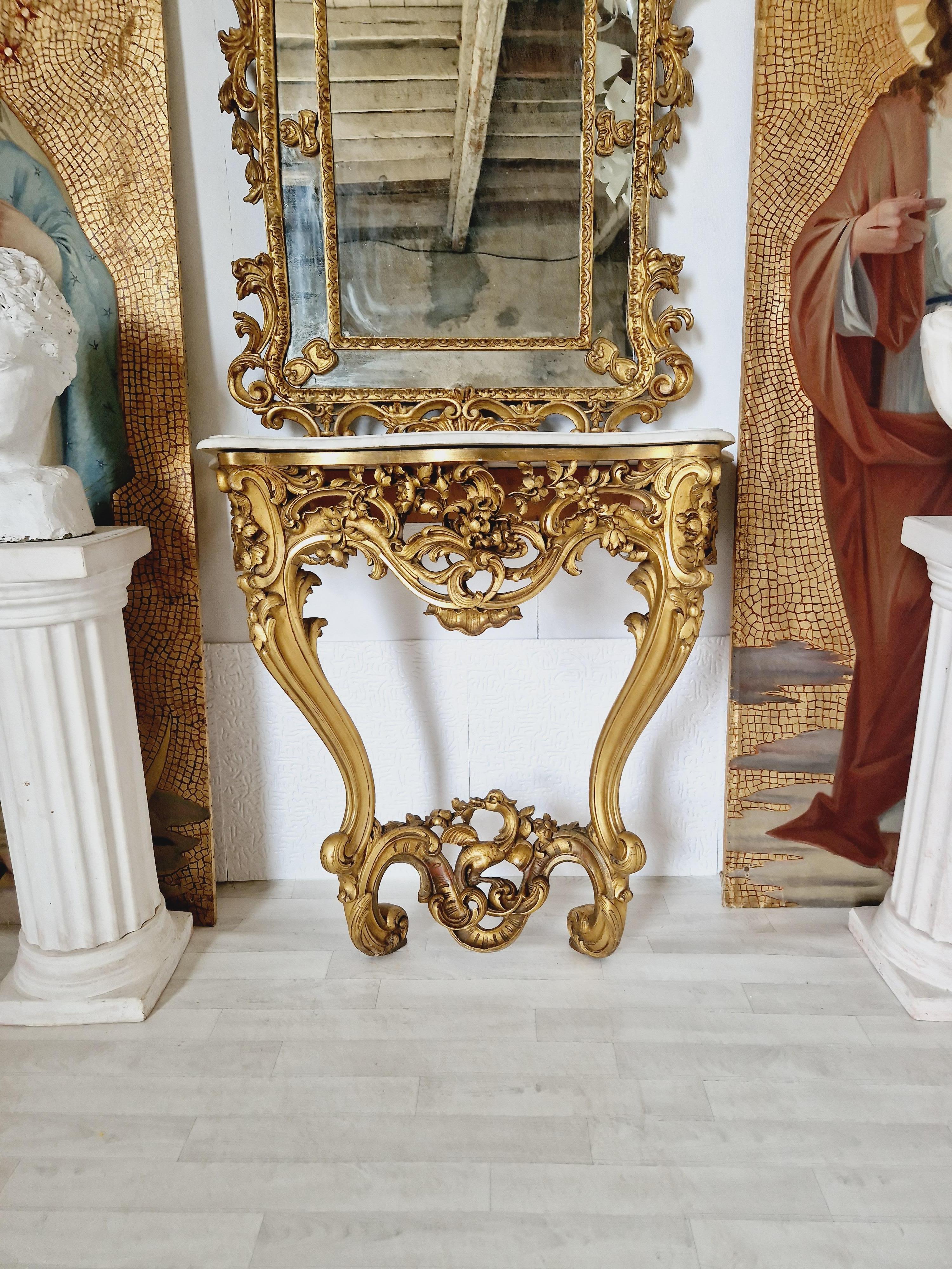 Antique French Louis XV Rococo Console Table with Marble Top For Sale 7