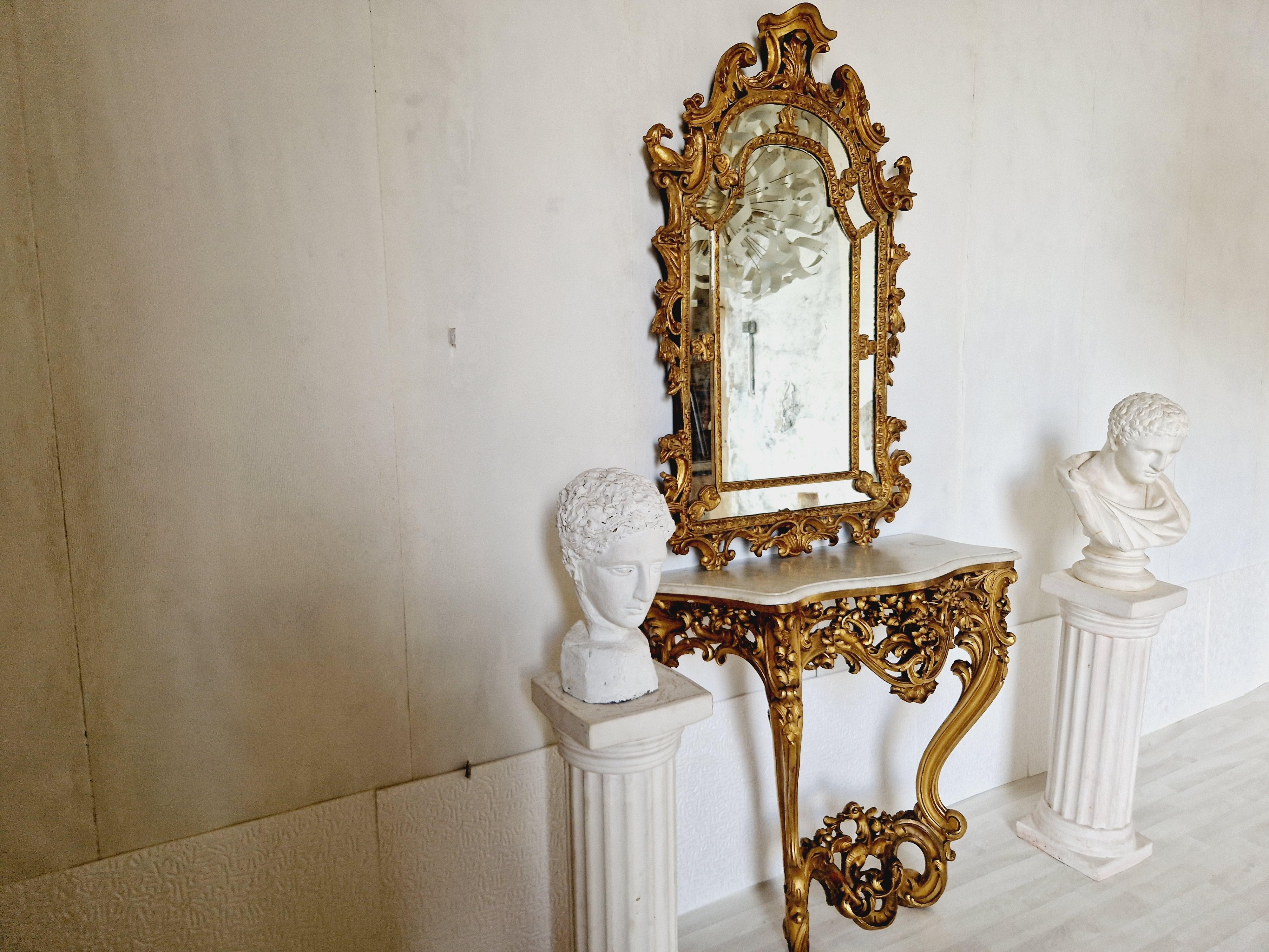 19th Century Antique French Louis XV Rococo Console Table with Marble Top For Sale