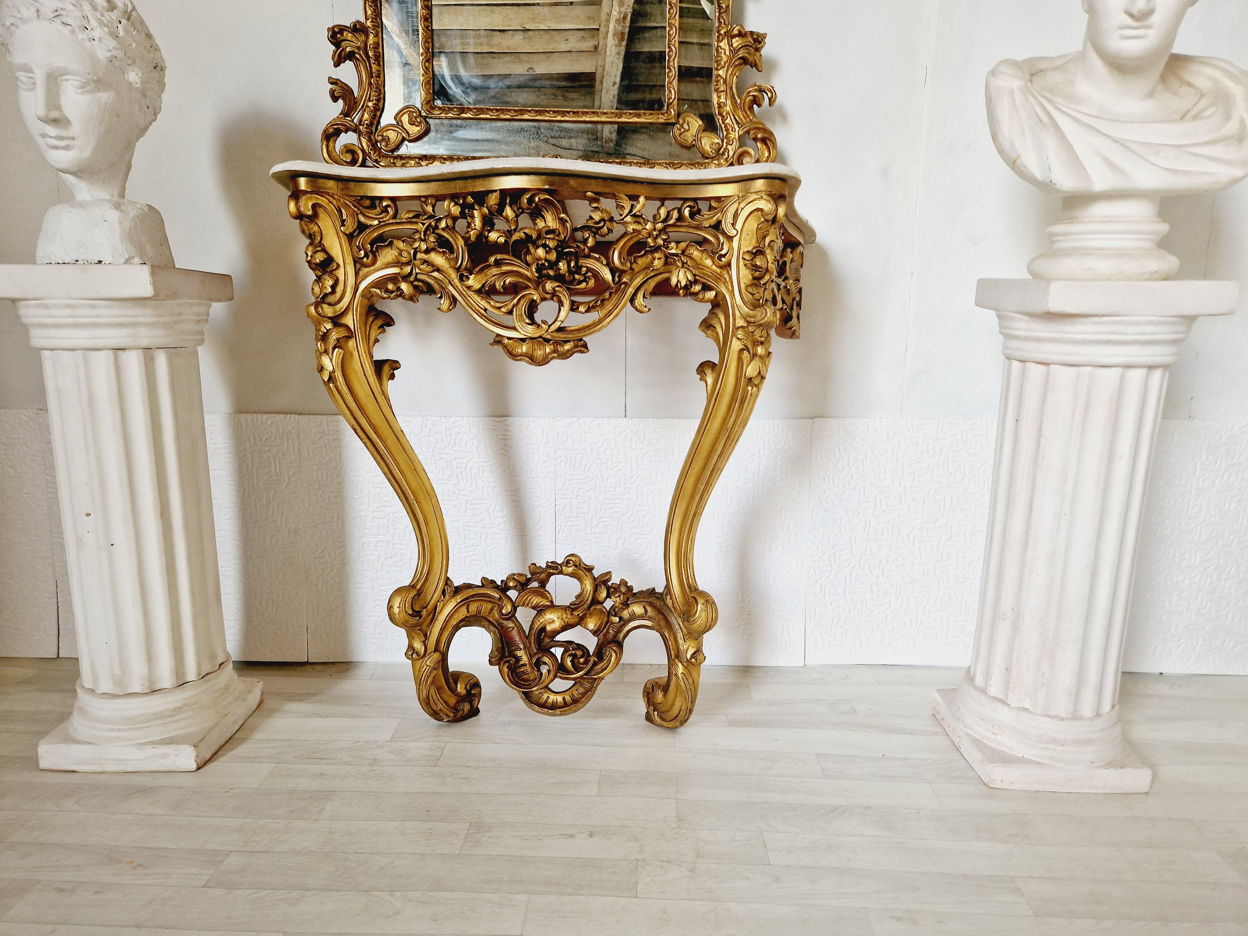 Antique French Louis XV Rococo Console Table with Marble Top For Sale 1