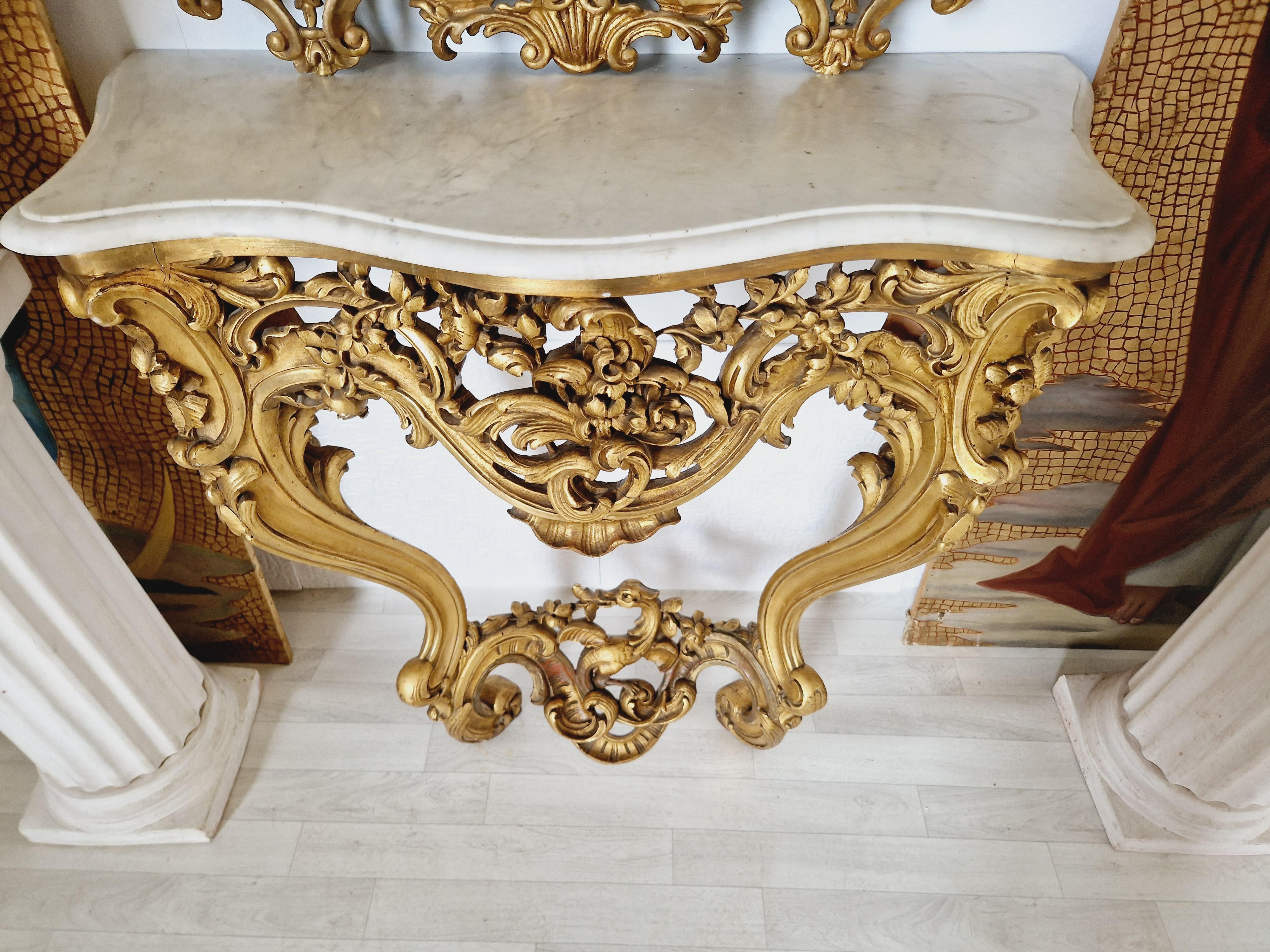 Antique French Louis XV Rococo Console Table with Marble Top For Sale 4