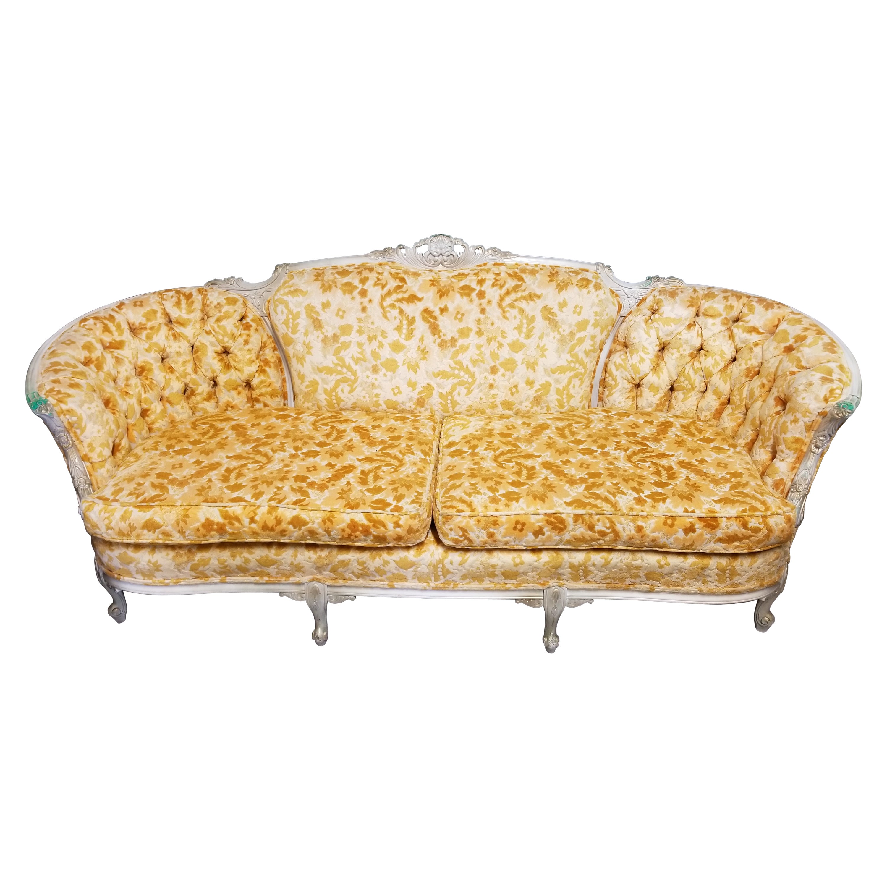 Antique French Louis XV Rococo Hand Carved Velvet Sofa